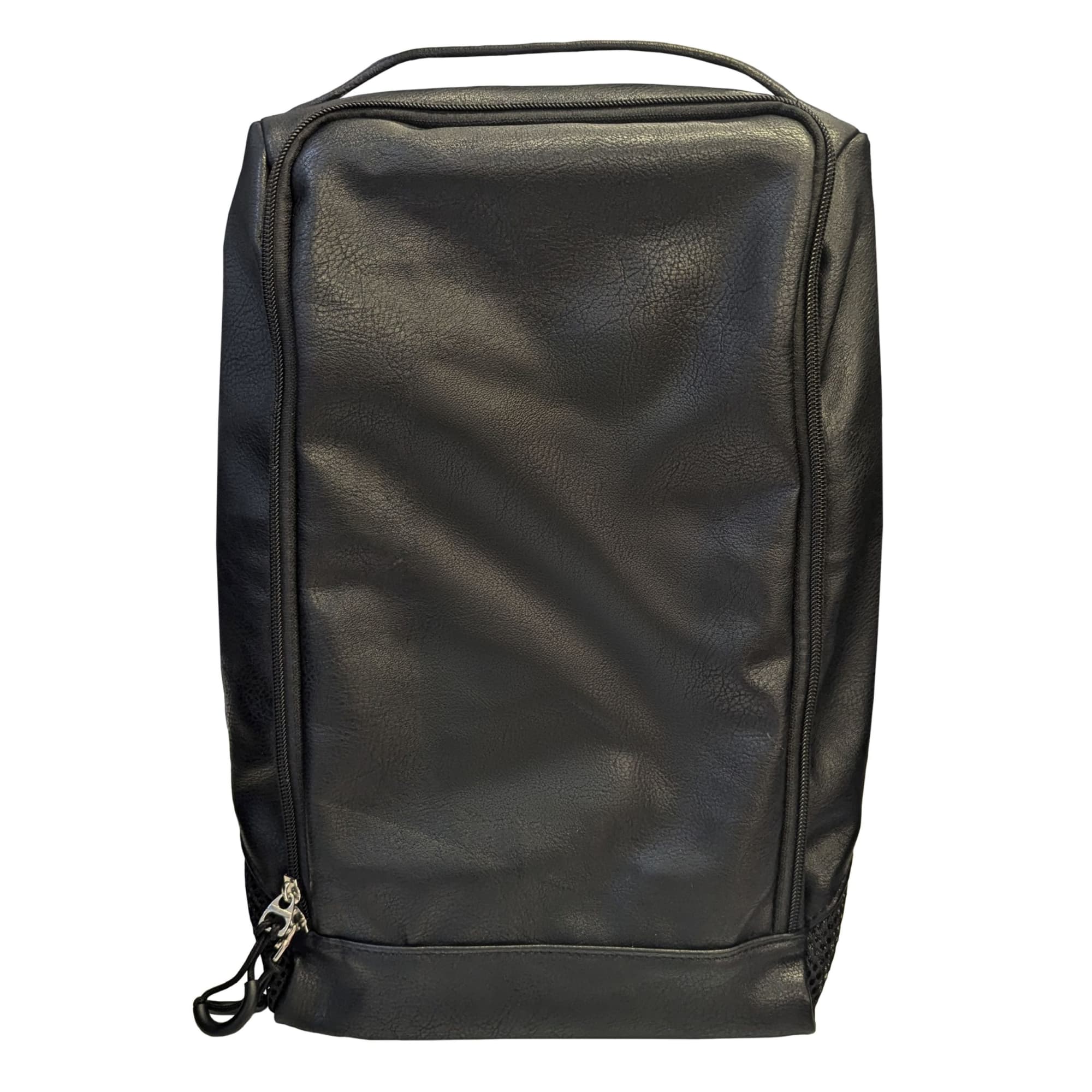 A black premium PU leather shoe bag with a zip closure and branding opportunity available. Premium PU Leather shoe bag for travel or corporate gifts. Branding opportunities available with embroidery. - Image 1