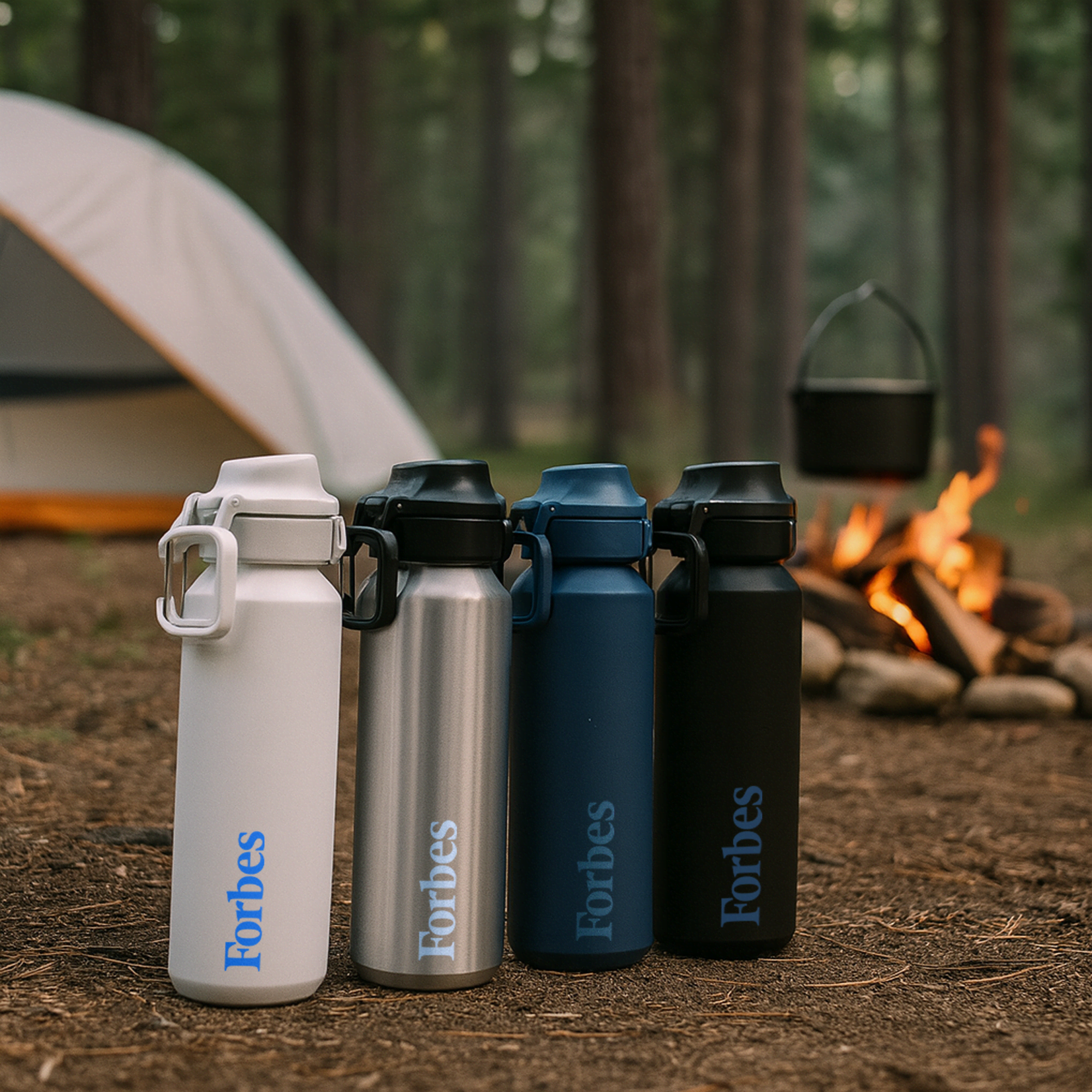 A drink bottle collection featuring white, silver, navy, and black bottles, each with a logo, set in a camping environment. Thunder 600ml Bottle - Image 1