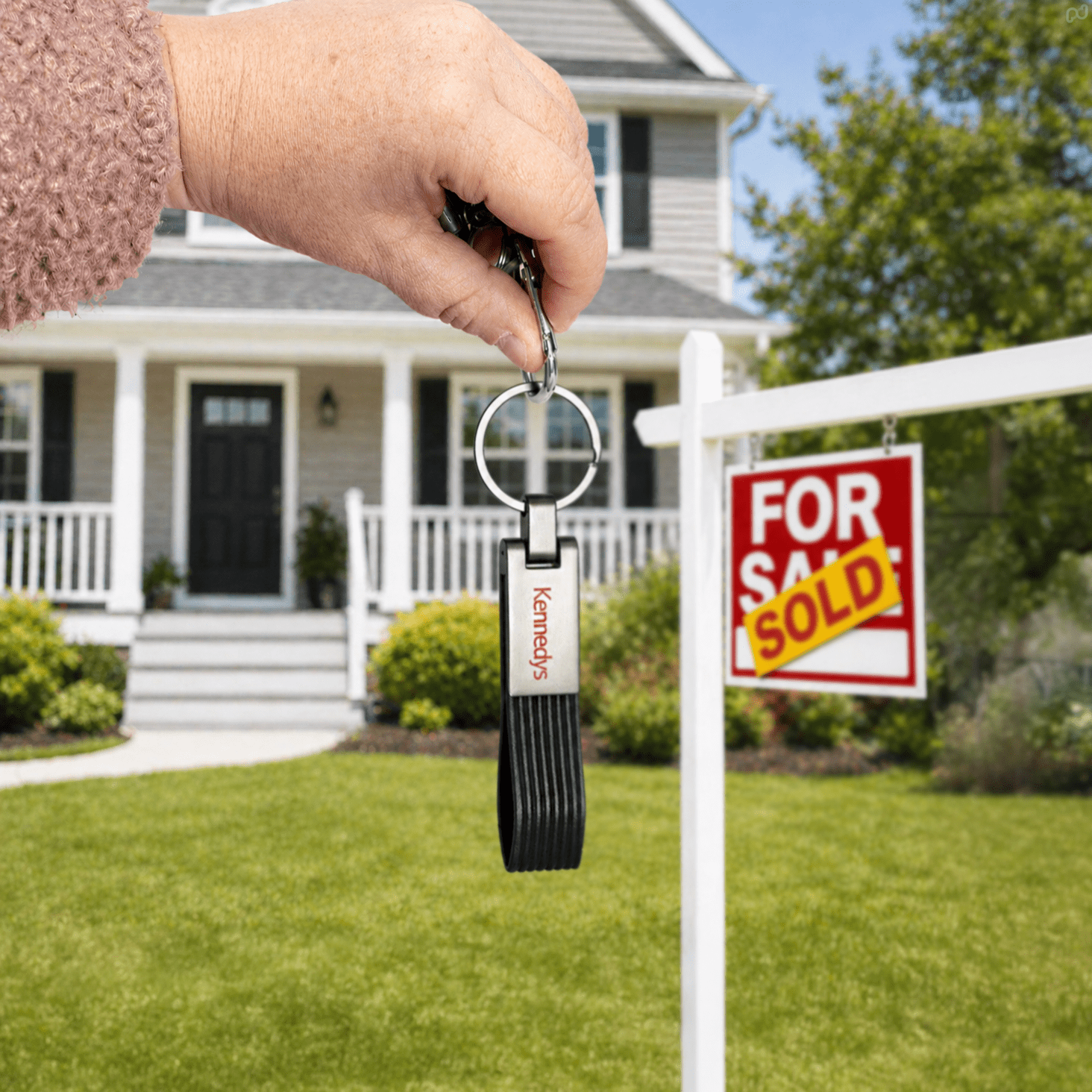 A hand holding a black PU strap keyring with a metal keychain, set in front of a house with a "For Sale" sign. PU Strap Keyring - Image 1