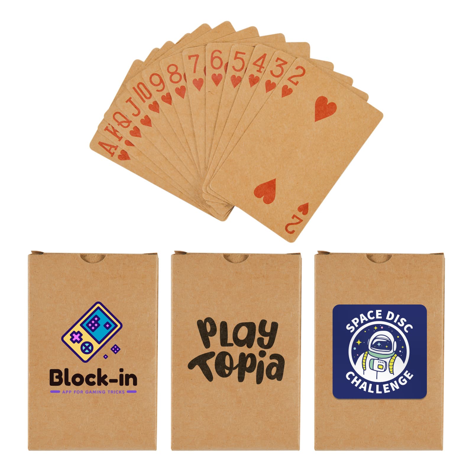 A set of recycled playing cards displayed with various game boxes featuring designs and colors on the packaging. Chase Recycled Playing Cards - Image 1