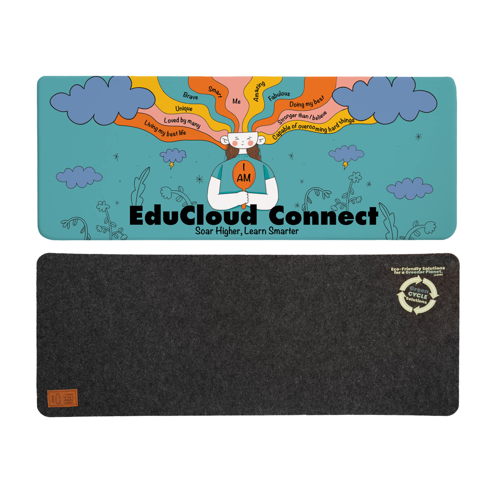 A colorful desk mat featuring a whimsical design with clouds and a central character, in teal and gray colors. Tasktamer Desk Mat - Image 1