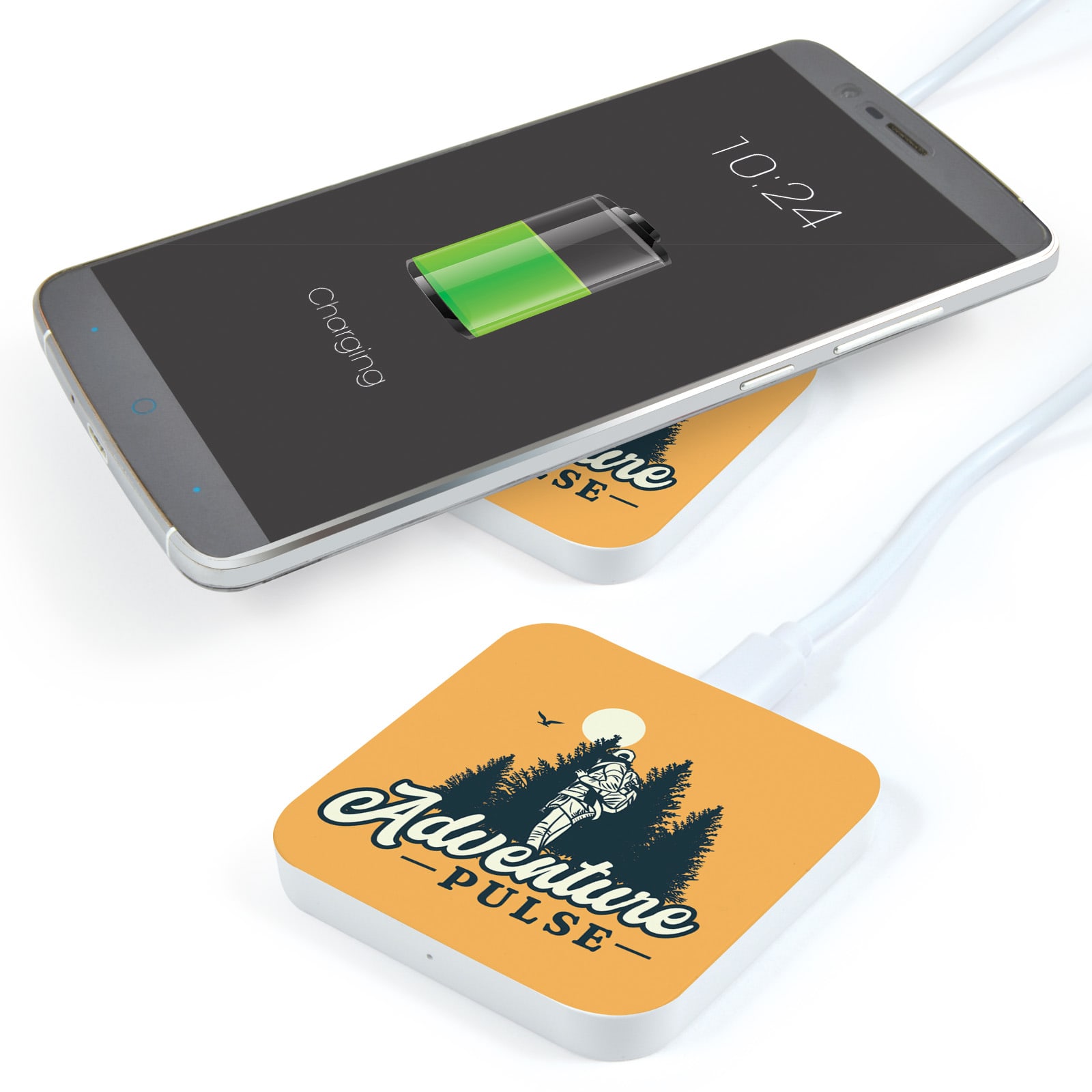 A square orange wireless charger with a design and a smartphone displaying a charging battery icon. Arc Square Wireless Charger - Image 1
