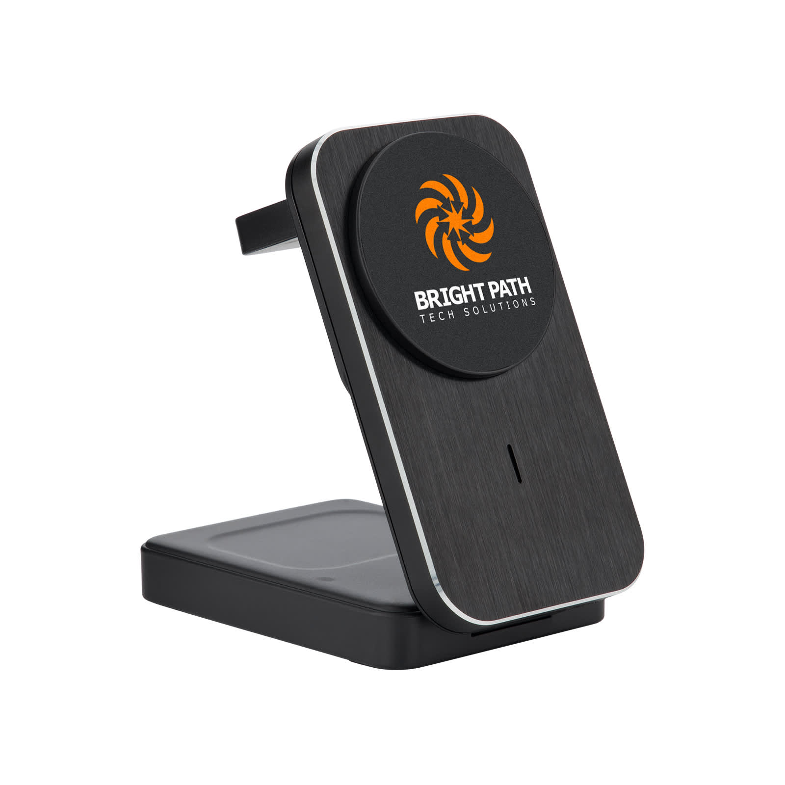 A wireless charger with a sleek black design and a logo featuring an orange swirl pattern. Club 3 in 1 Charger - Image 1
