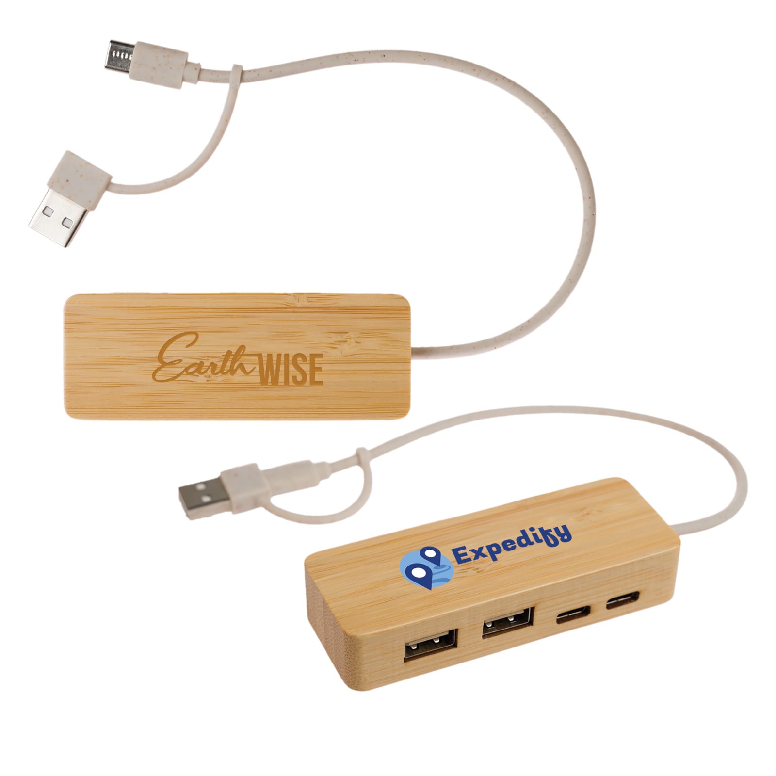 A bamboo USB hub featuring multiple ports and white cables, with branding on both sides. Whisper USB Hub - Image 1
