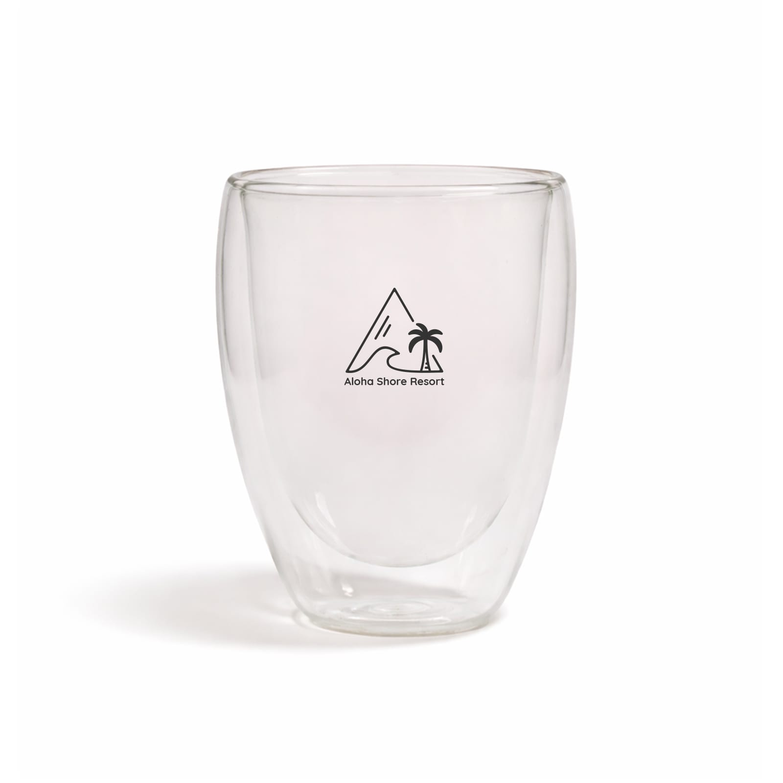 A double-walled glass cup with a transparent design and a logo featuring a mountain and palm tree. Sierra 350ml Double Wall Glass Cup - Image 1