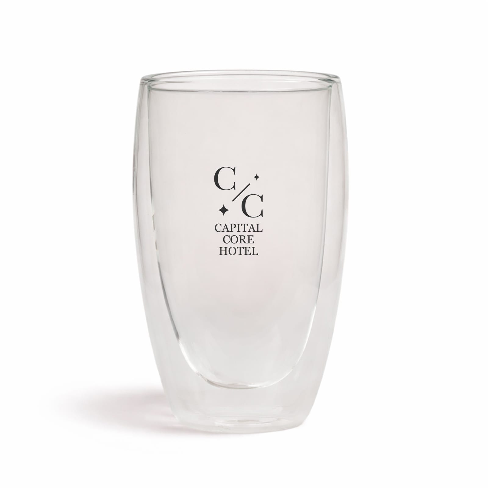 A double wall glass cup in clear with a logo on the front, designed for hot and cold beverages. Sierra 450ml Double Wall Glass Cup - Image 1