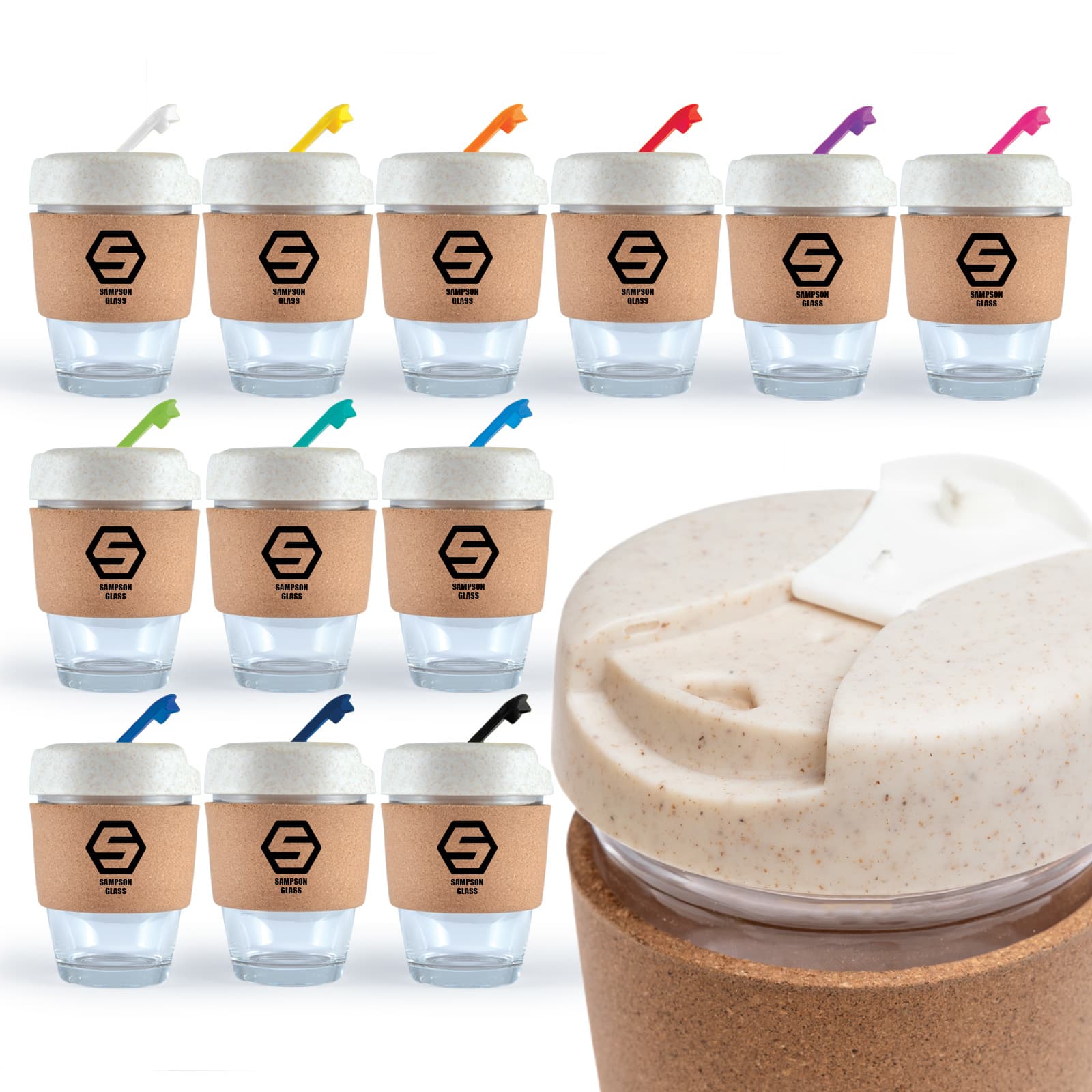 A collection of reusable coffee cups with cork bands and colorful lids, featuring a logo on each cup. Vienna Eco Coffee Cup / Cork Band - Image 1