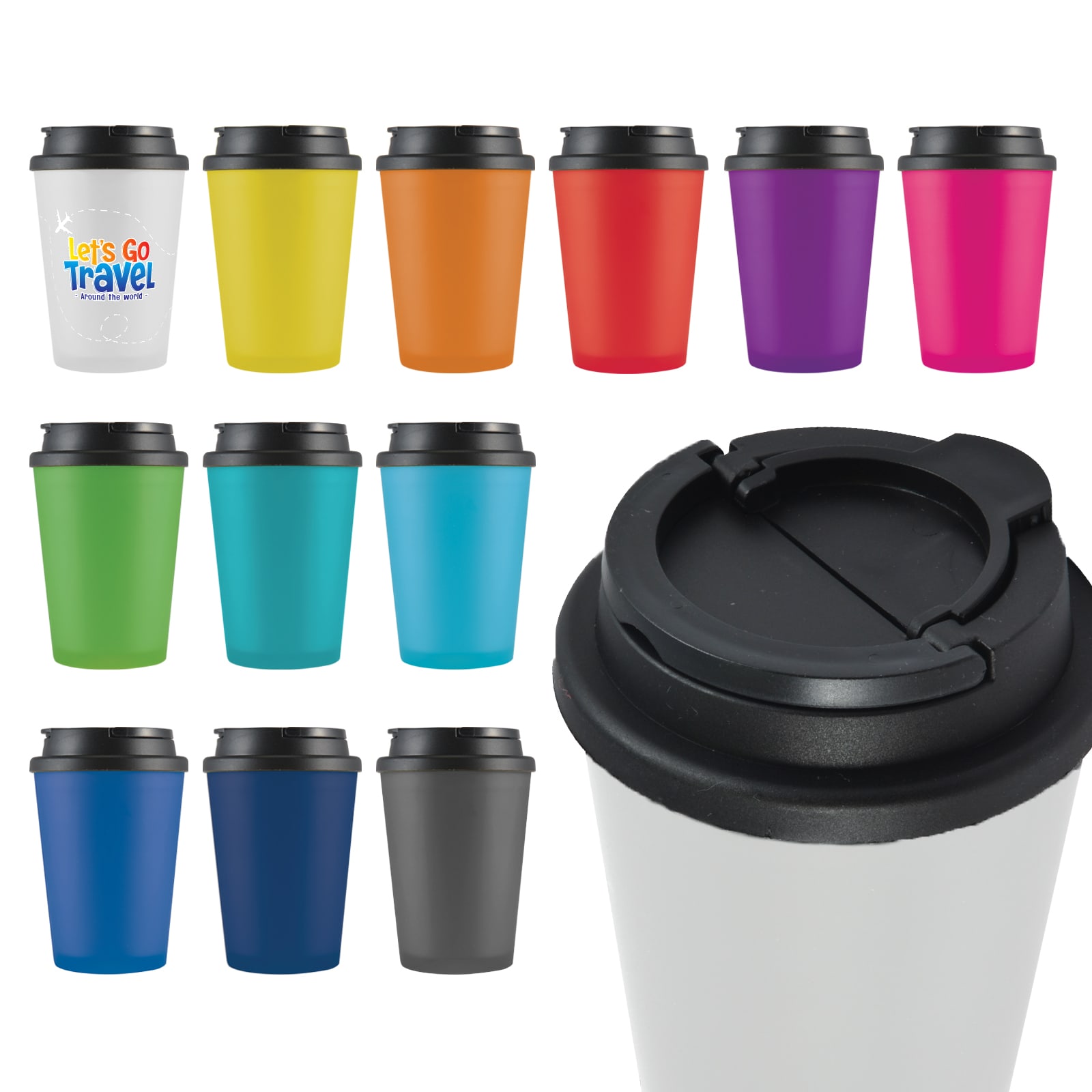A collection of multi-coloured coffee cups with black lids, featuring various colours including yellow, orange, blue, and purple. Aroma Coffee Cup / Handle Lid - Image 1