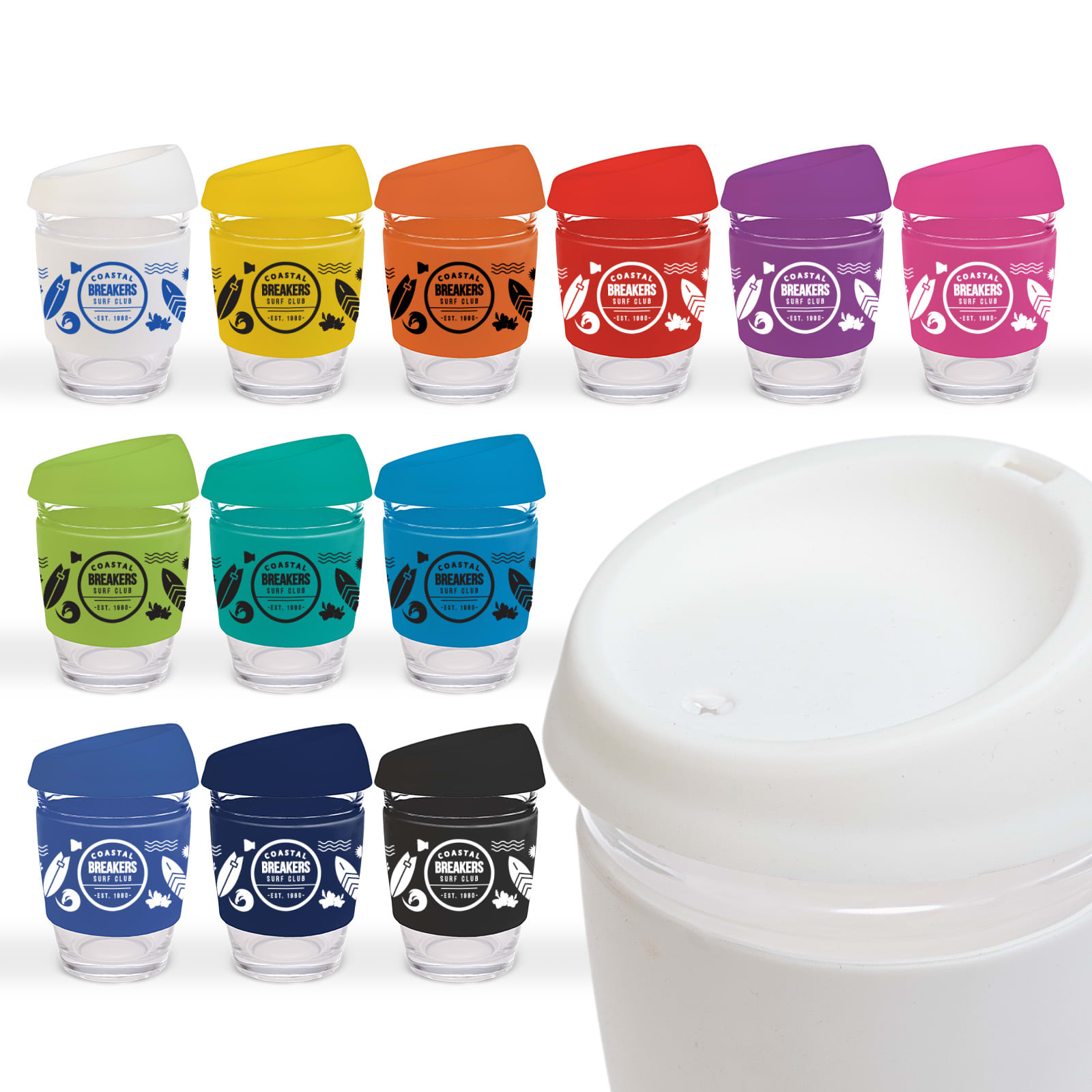 A collection of reusable coffee cups in various colors with silicone lids, each featuring a unique design and a logo. Vienna Coffee Cup / Silicone Lid - Image 1