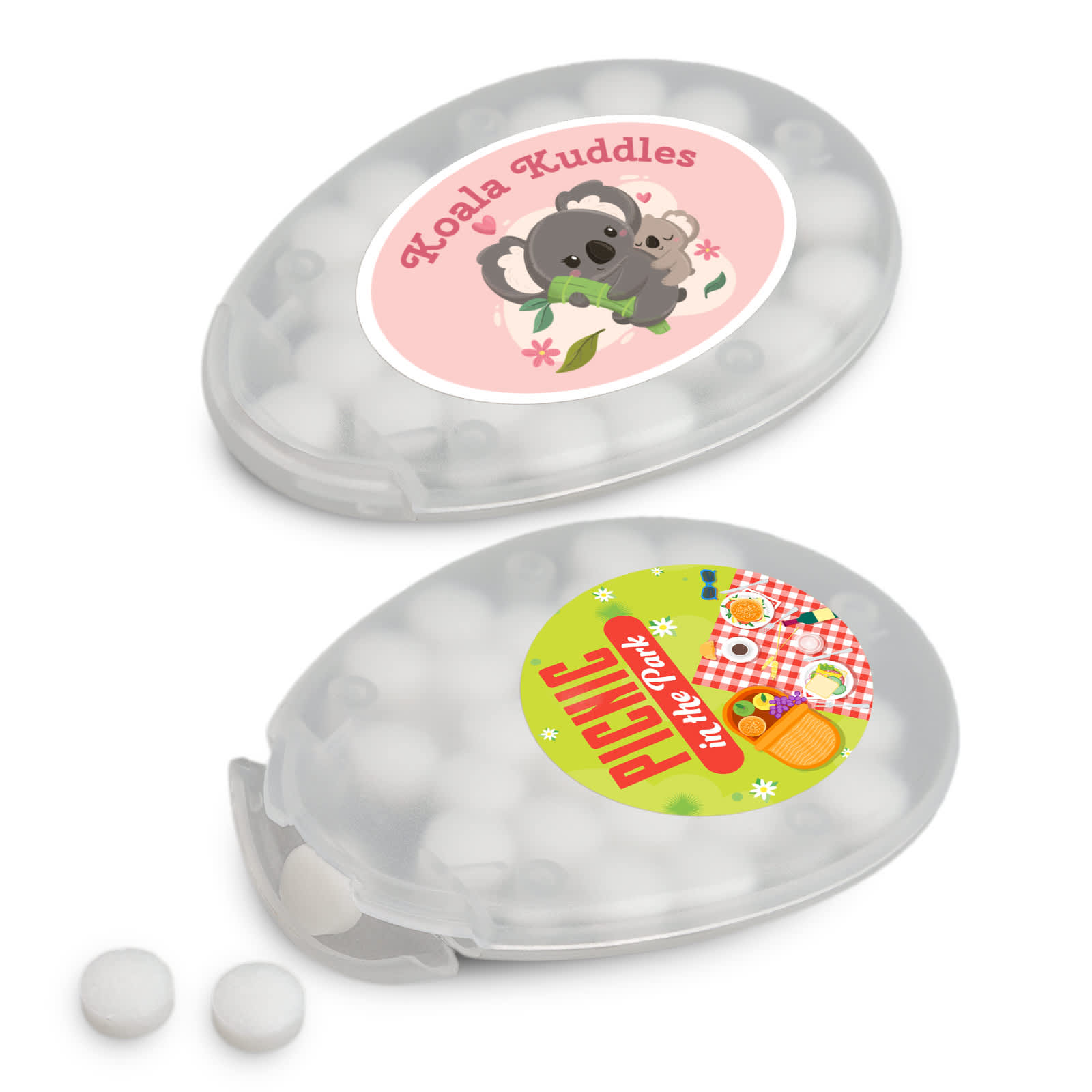 A transparent oval container filled with white sugar-free breath mints, featuring colorful labels with illustrations. Egg Shape Sugar Free Breath Mints - Image 1