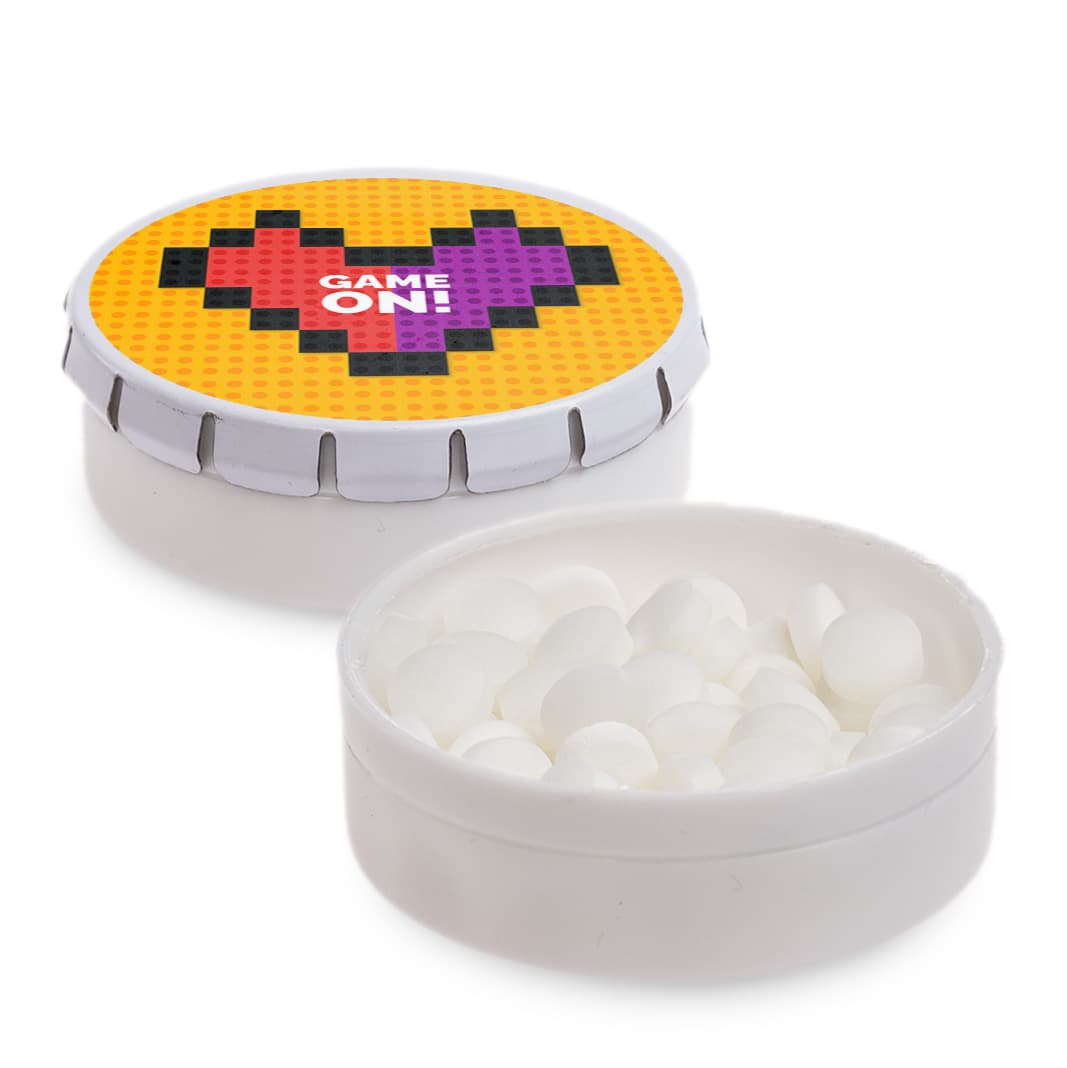 A white mint tin featuring a colorful lid with a heart design, filled with white mint candies. Click It Mint Tins - Image 1