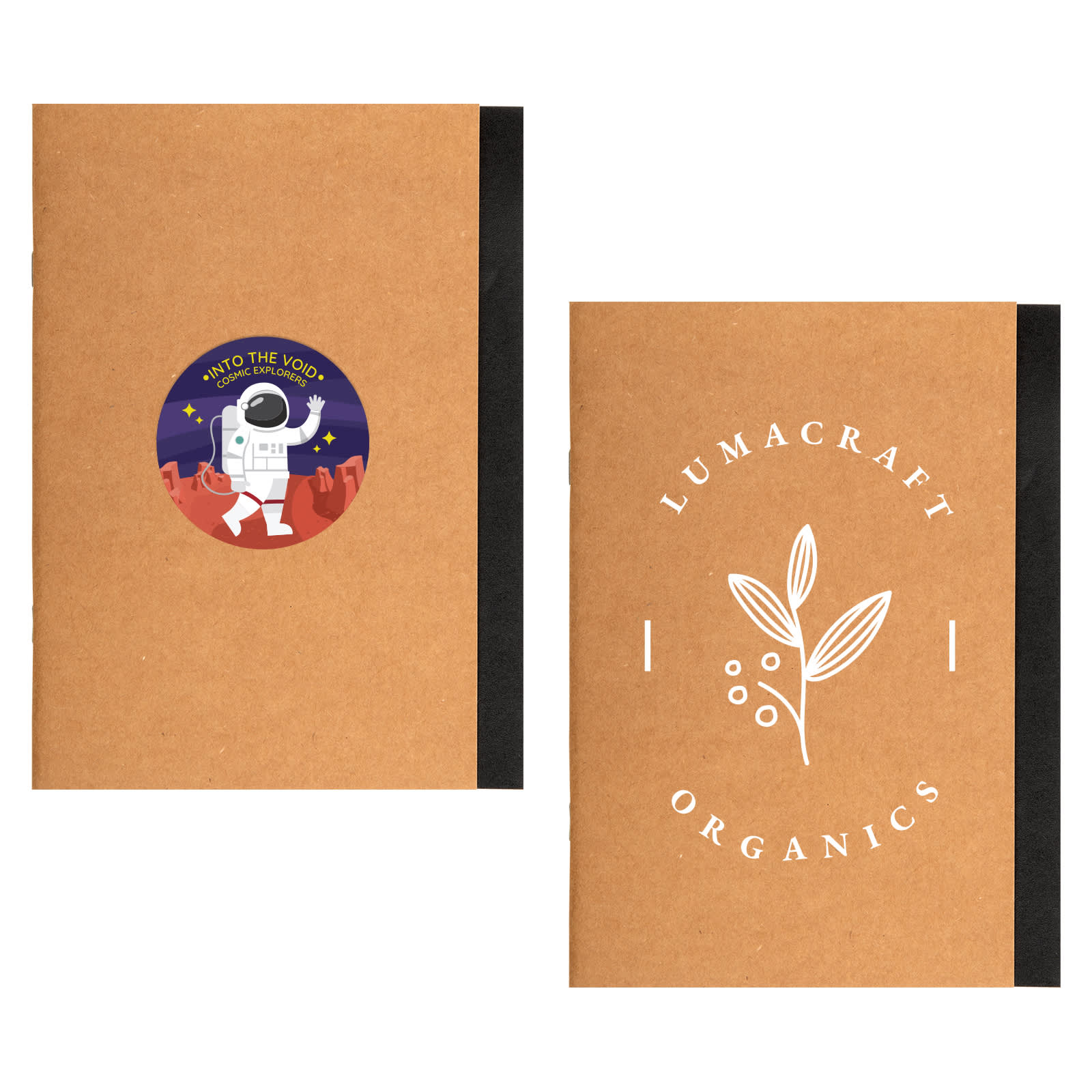 A brown A5 notebook with a space-themed sticker on one side and a logo on the other. Features a black spine. Tourist A5 Notebook - Image 1