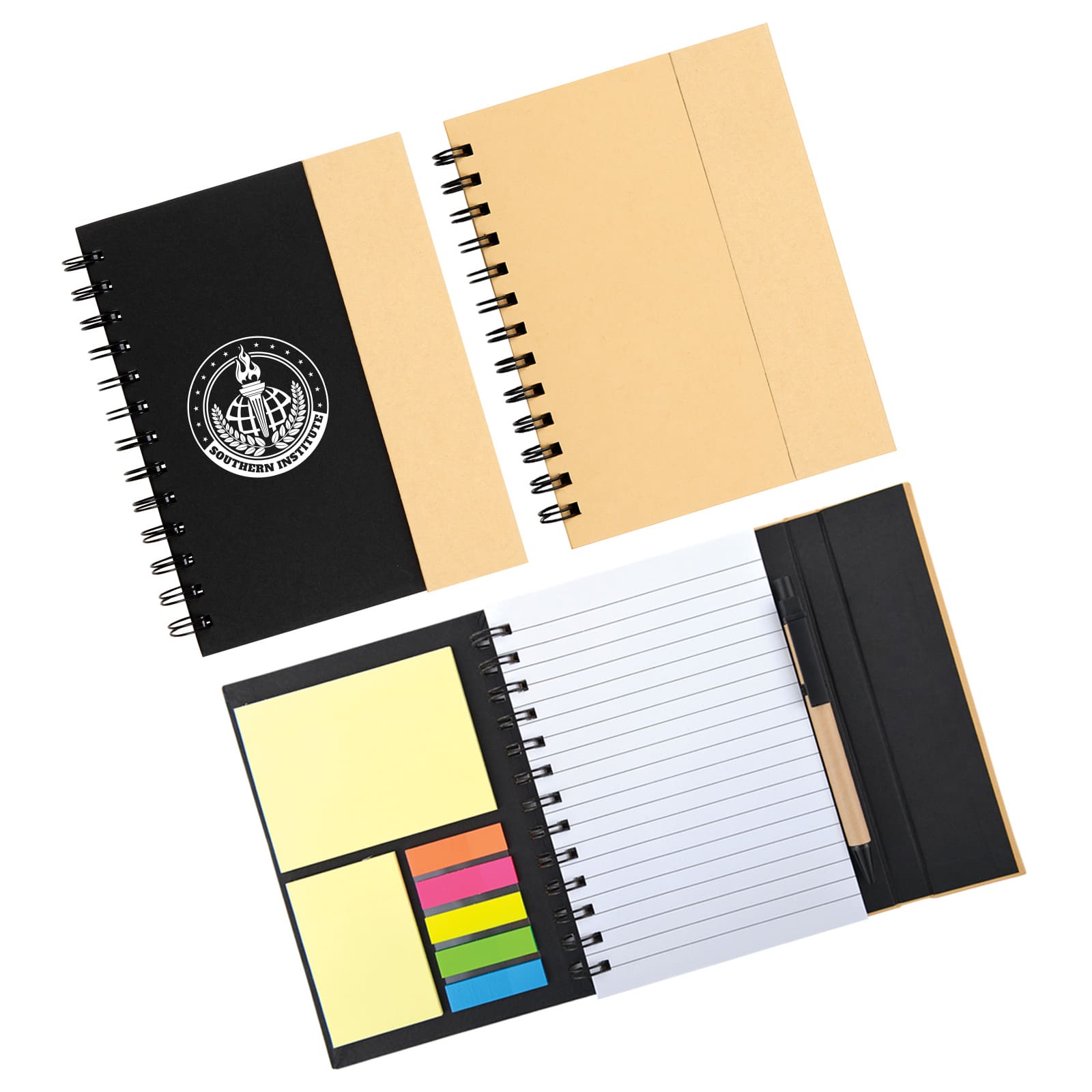 A spiral-bound notebook with a black cover, containing lined pages, sticky notes, and a logo. Trek Notebook - Image 1