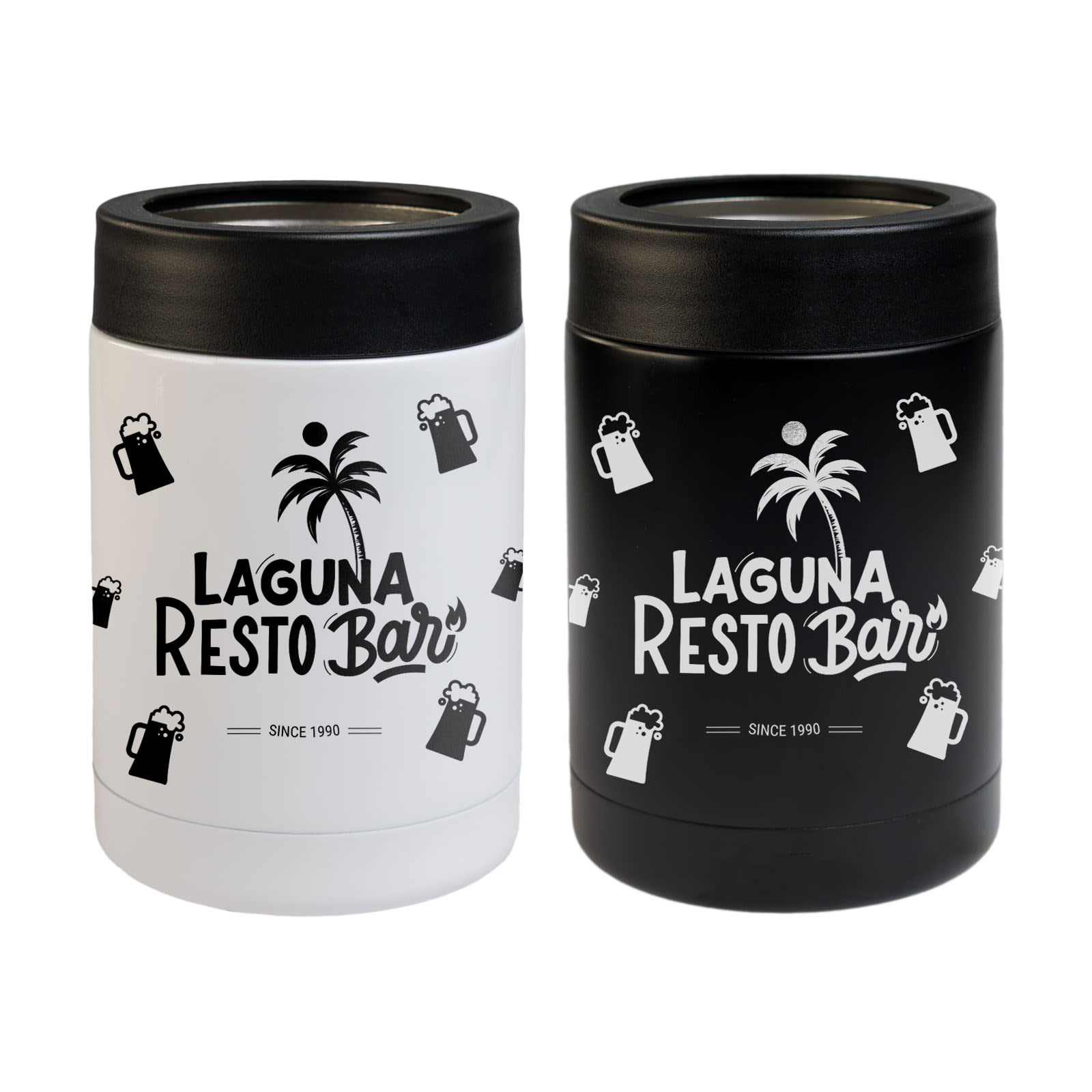 A drink bottle in matte black and matte white, featuring a logo and graphics of beer mugs and palm trees. Cosy Stainless Steel Drink Cooler - Image 1