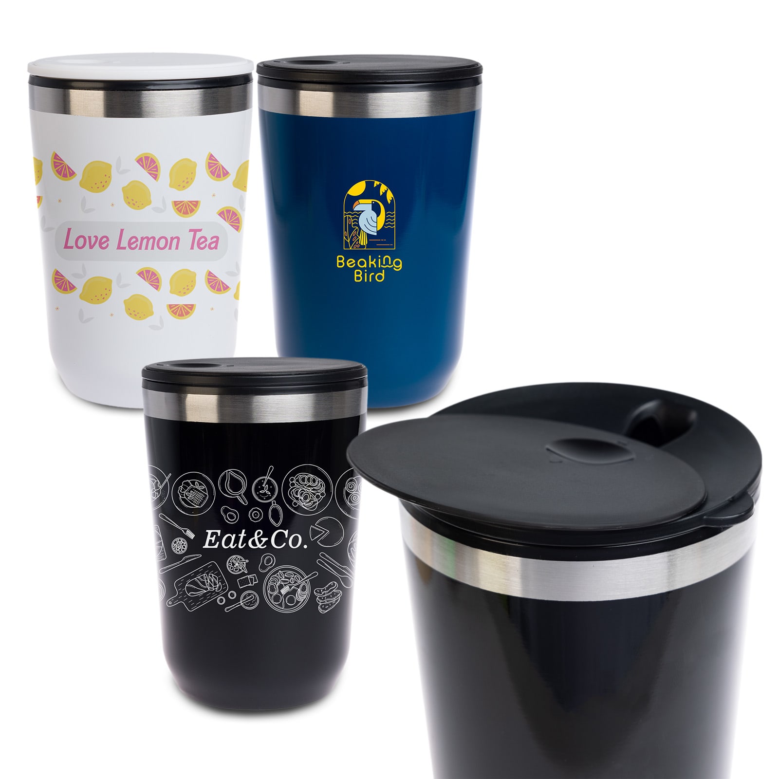 A collection of reusable coffee cups in white, navy, and black, featuring various colorful designs and a stainless steel lid. Rizz Coffee Cup - Image 1