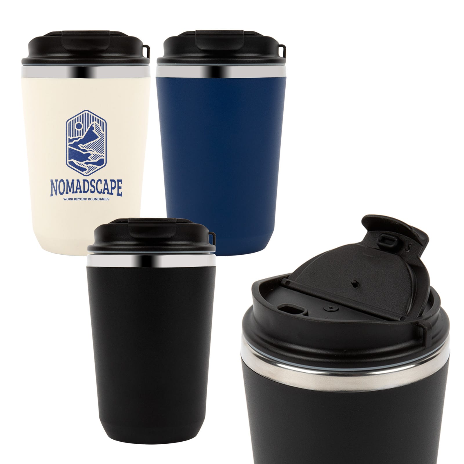 A double wall coffee cup in white, navy, and black with a push lid and integrated handle. The cup features a logo. Heron Double Wall Coffee Cup - Image 1