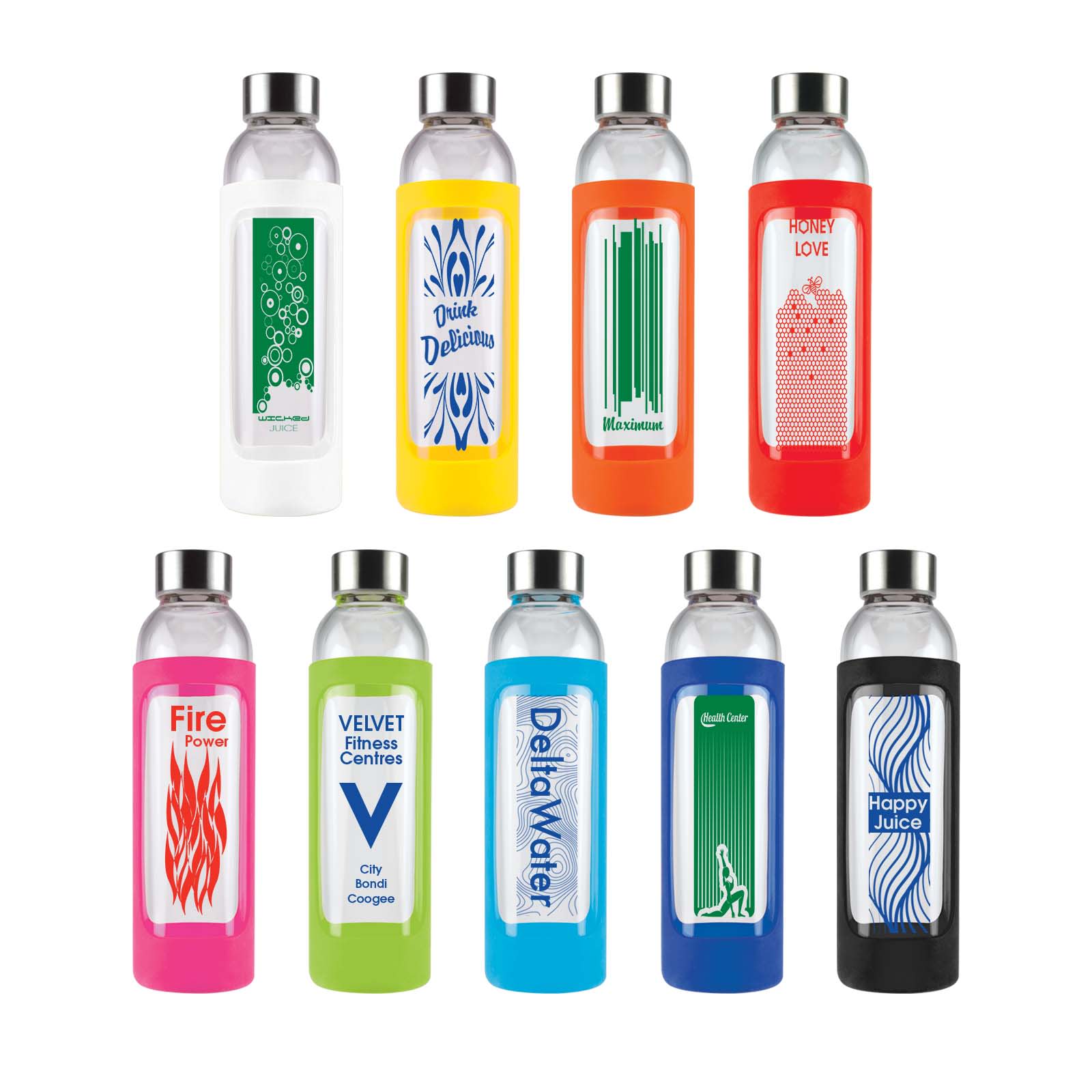 A drink bottle collection featuring various colours, silicone sleeves, and unique designs, with silver caps and branding. Capri Glass Bottle / Silicone Sleeve - Image 1