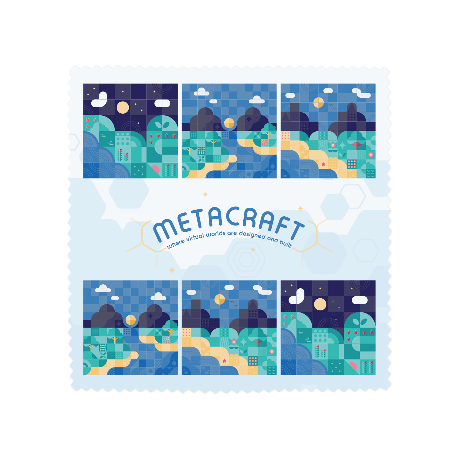 A multi-image design featuring colorful landscapes with buildings, hills, and clouds, showcasing a blue and green color scheme. Zig Zag RPET Microfibre Lens Cloth - Image 1