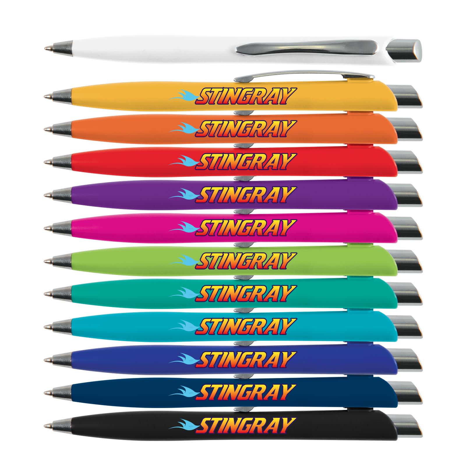 A collection of Stingray Pens in various colors, including white, orange, purple, and teal, featuring a logo. Stingray Pen - Image 1