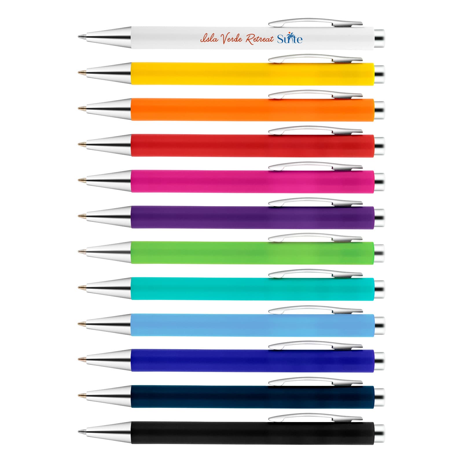A collection of Aspen Plastic Pens in various colours, featuring a silver-tone clip and top. Each pen has a logo. Aspen Plastic Pen - Image 1