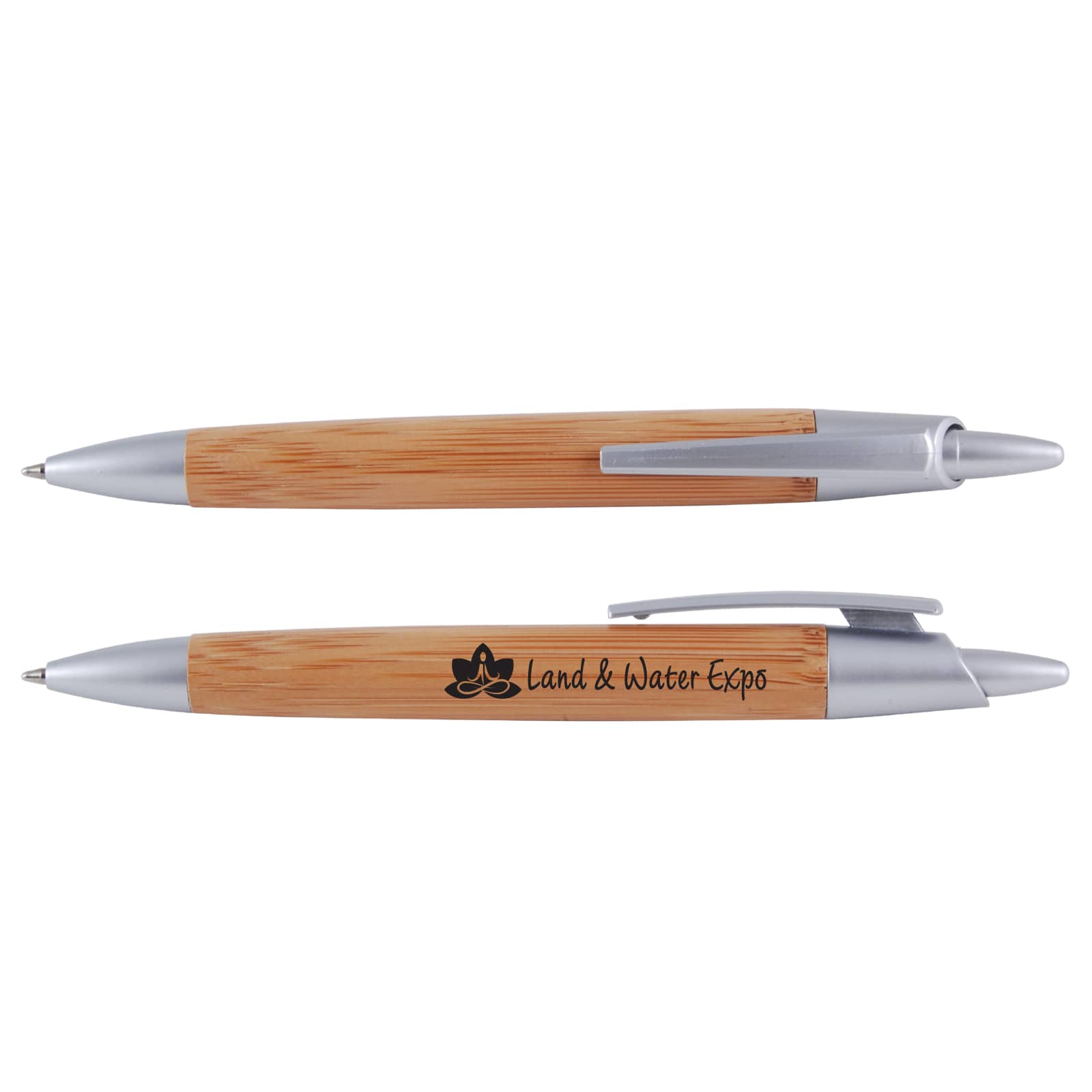 A bamboo pen with silver accents, featuring a branding logo on one side. Bamboo Pen - Image 1