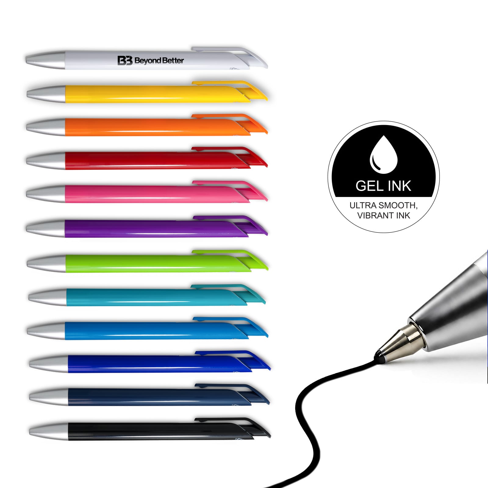 A collection of Octave Gel Ink Pens in various vibrant colours, featuring a sleek design and silver accents. Octave Gel Ink Pen - Image 1