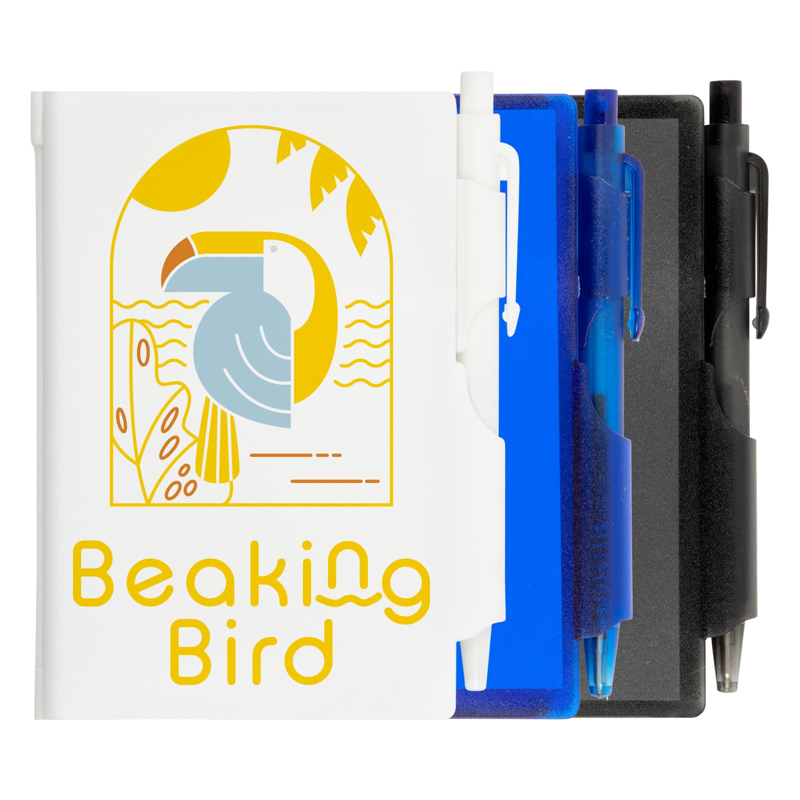A white pocket notebook with a colorful design and three pens in black, blue, and translucent colors. Odyssey Pocket Notebook with Pen - Image 1