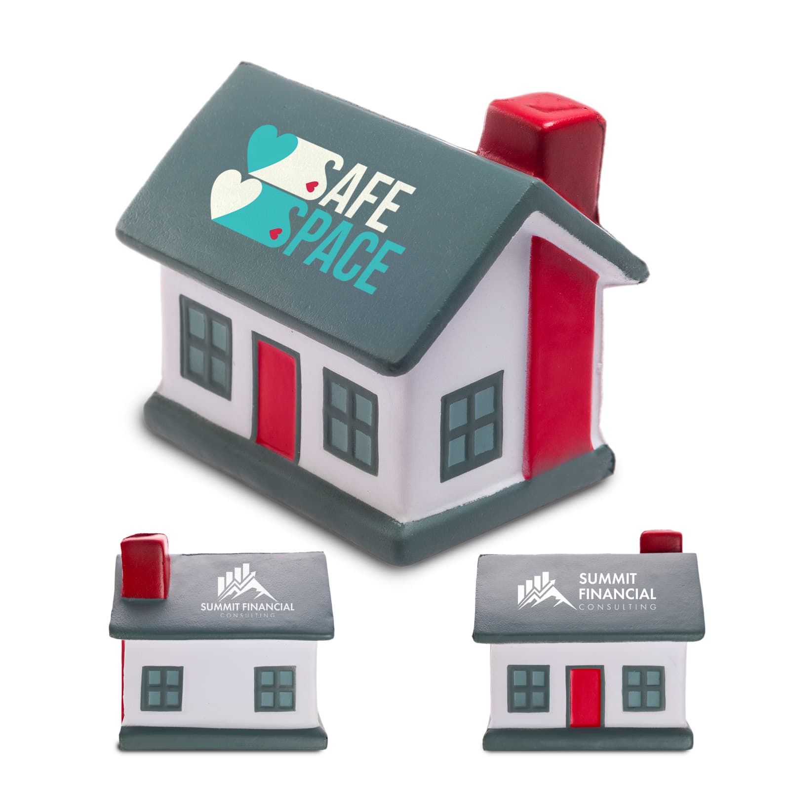 A stress-relief toy shaped like a colorful house, featuring a red chimney and window, with logos on the sides. House Stress Reliever - Image 1