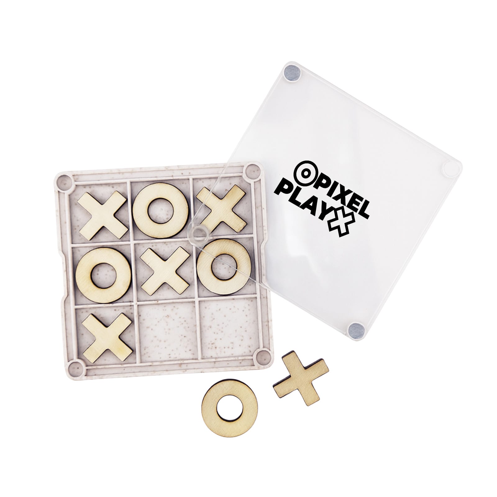 A Noughts & Crosses coaster set with a transparent case, featuring wooden X and O pieces in a grid layout. Noughts & Crosses Coaster - Image 1