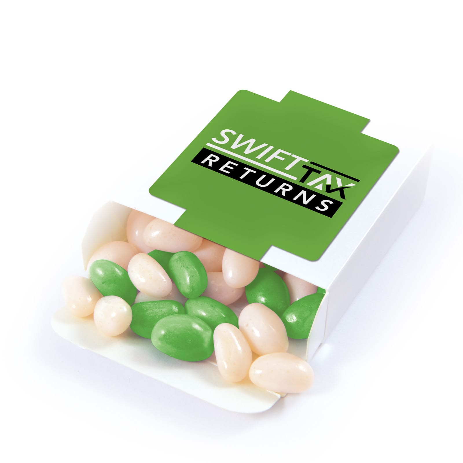 A box of jelly beans featuring green and white candies, with a branding logo on the packaging. Corporate Colour Jelly Beans in 50g Box - Image 1
