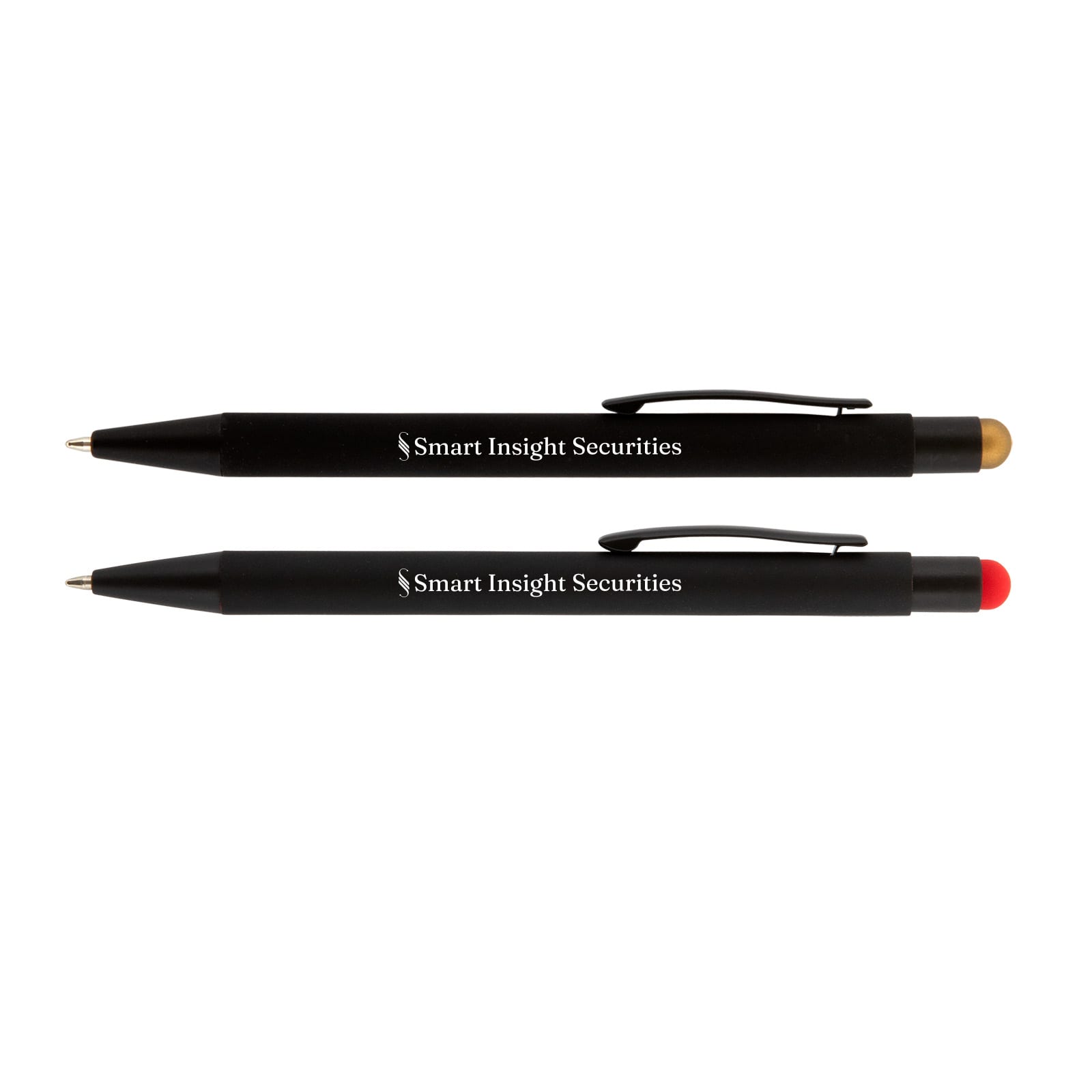 A collection of two black stylus pens with one featuring a gold tip and the other featuring a red tip, both with branding. Opal Pen / Stylus - Image 1