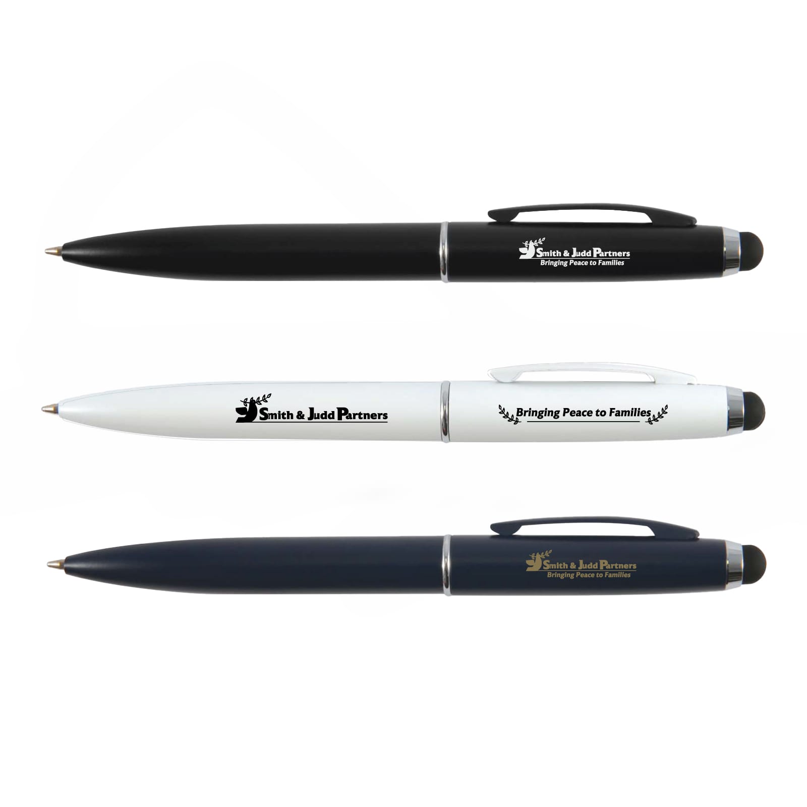 Three metal pens in black, white, and blue, each featuring a logo and a clip. Starion Pen - Image 1