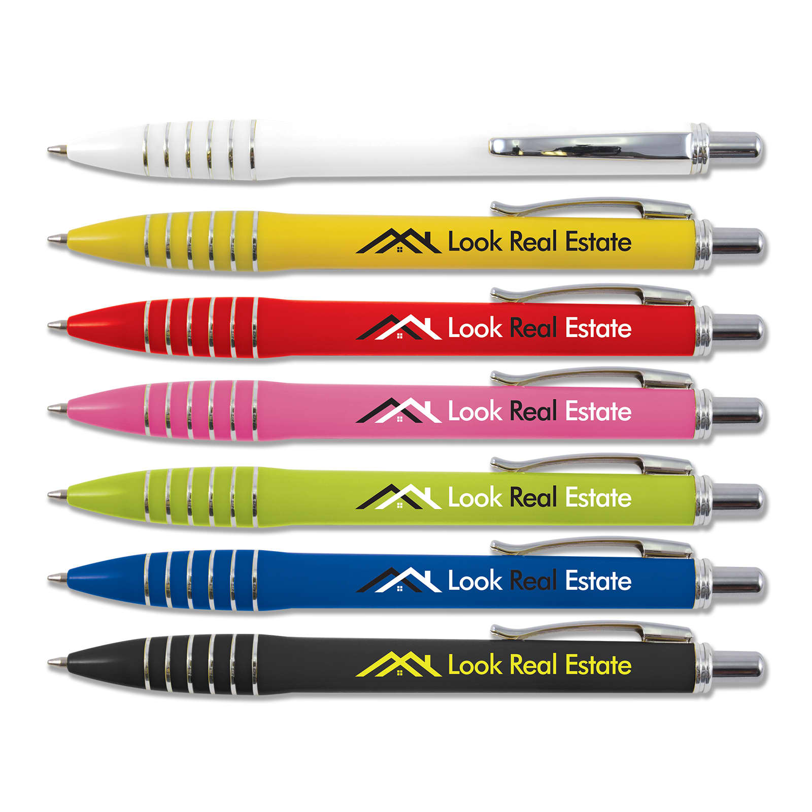 A set of plastic pens in white, yellow, pink, green, blue, and black, each with a logo. Titan Pen - Image 1