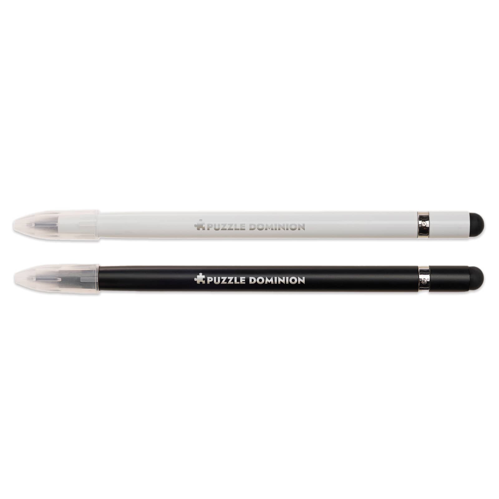 Two Mirage Aluminium Inkless Pens in black and white, featuring the branding "Puzzle Dominion" near the grip. Mirage Aluminium Inkless Pen - Image 1