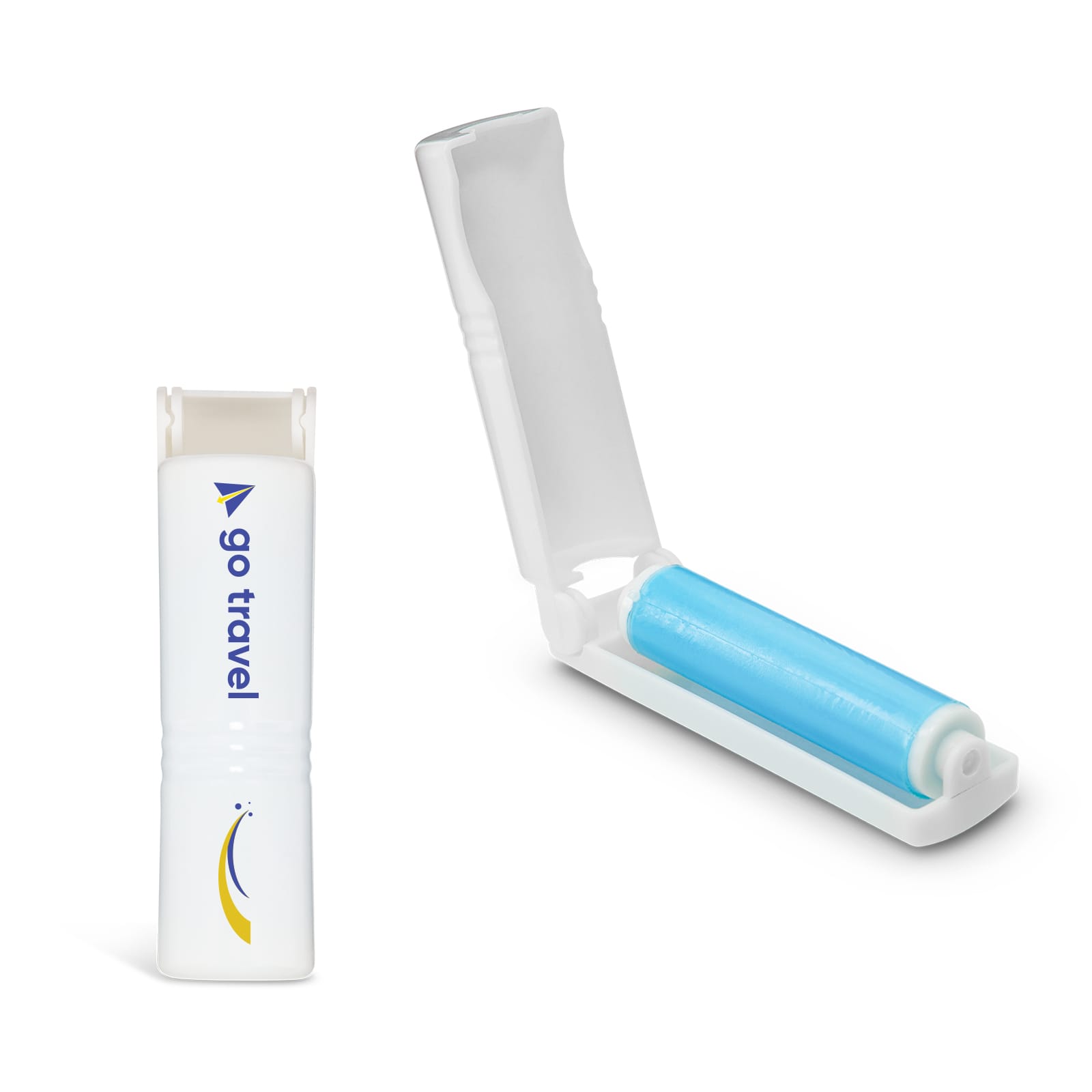 A mini lint roller featuring a blue roller and a white casing with a logo. Mini Lint Roller - Image 1