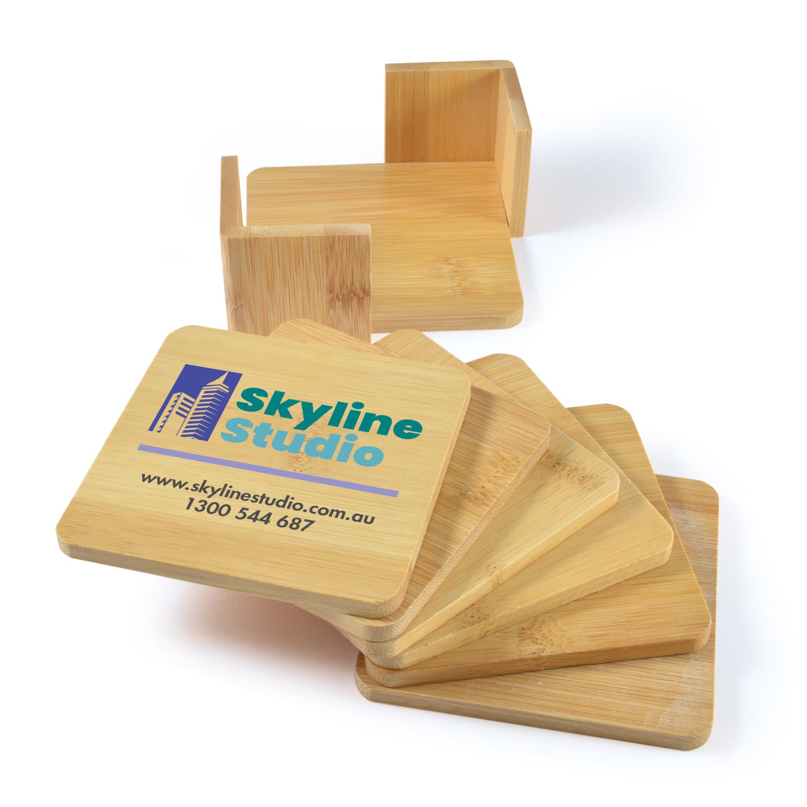 A set of six bamboo coasters with a natural finish, featuring a printed logo for "Skyline Studio" on one side. Tropic Bamboo Coasters Set of 6 - Image 1