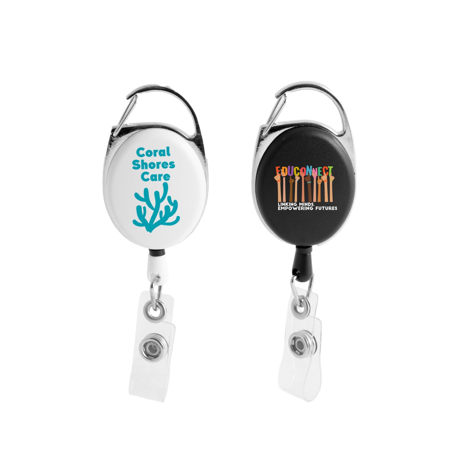 A premium retractable ID badge holder in silver with two different colored sides, featuring logos and clips. Premium Retractable ID Badge Holder - Image 1