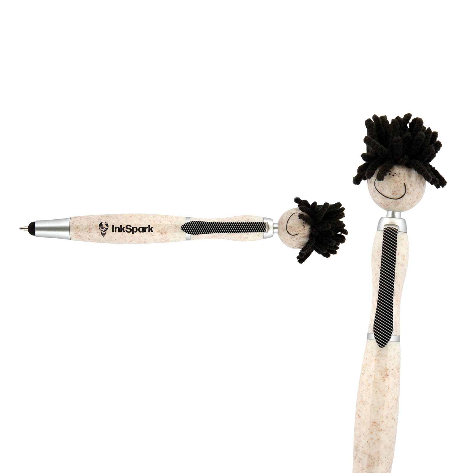 A stylus pen featuring a mop-top design, with a black and light-coloured textured body and a branding logo. Mop Top Eco Pen - Image 1