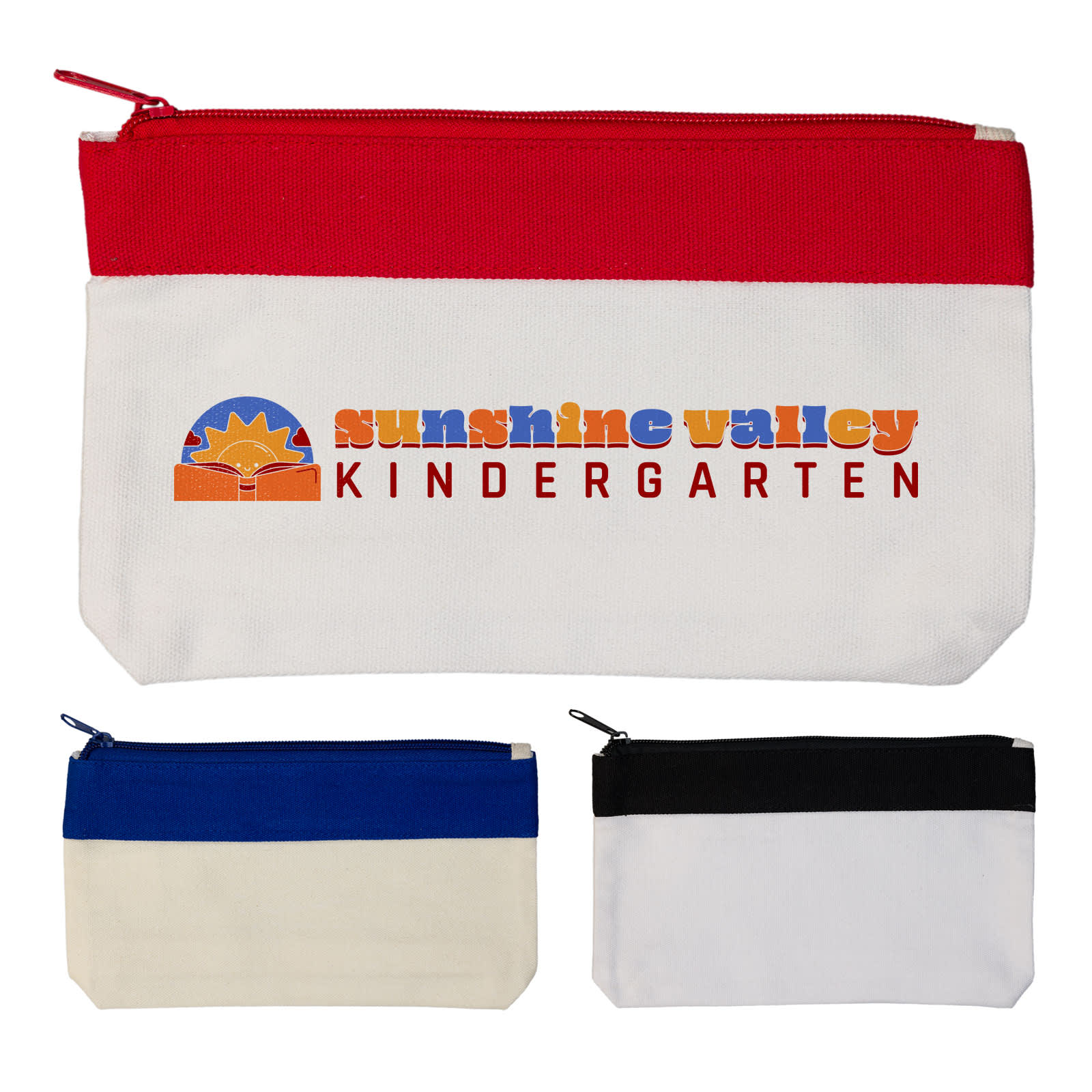 A collection of three pencil cases in red, blue, and black, featuring a logo on one case. Adore Pencil Case - Image 1