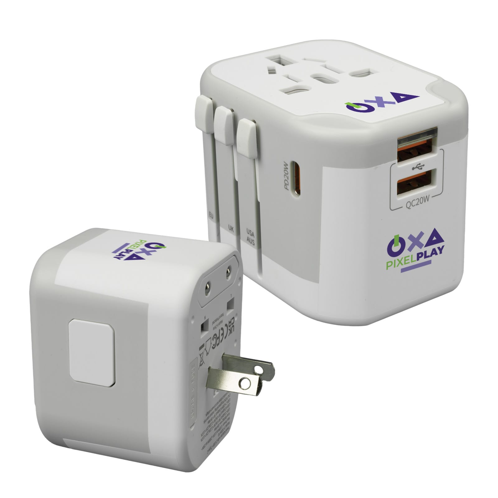 A white travel adaptor with multiple plug configurations and USB ports, featuring a logo on its surface. Travel Adaptor - Image 1