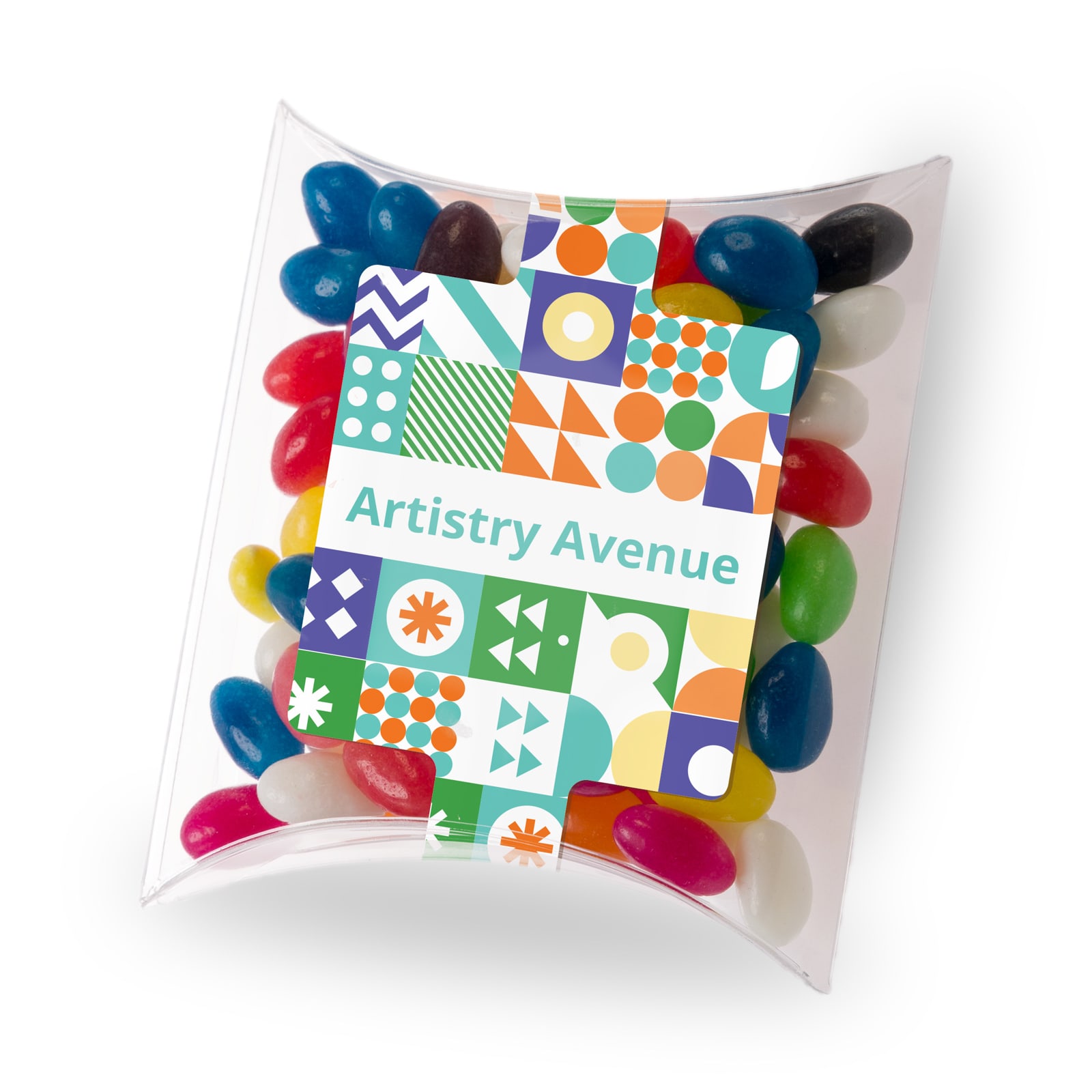 Assorted mini jelly beans in various colours displayed in a clear pillow pack with a patterned label. Assorted Colour Mini Jelly Beans in Pillow Pack - Image 1