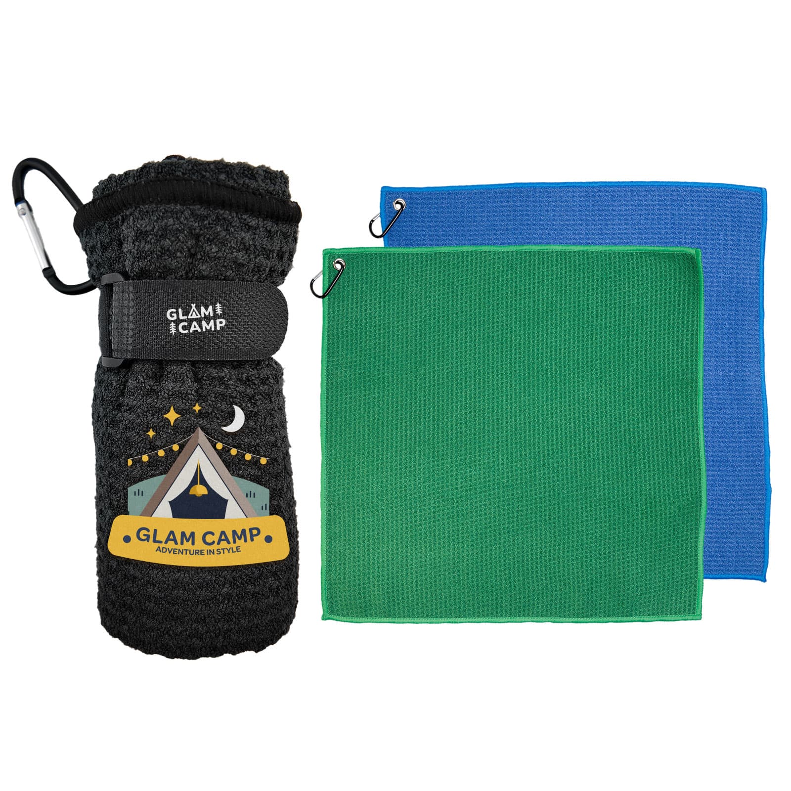 A black drink bottle with a logo, accompanied by a green towel and a blue towel, both with clips. Rhino Travel Towel - Image 1
