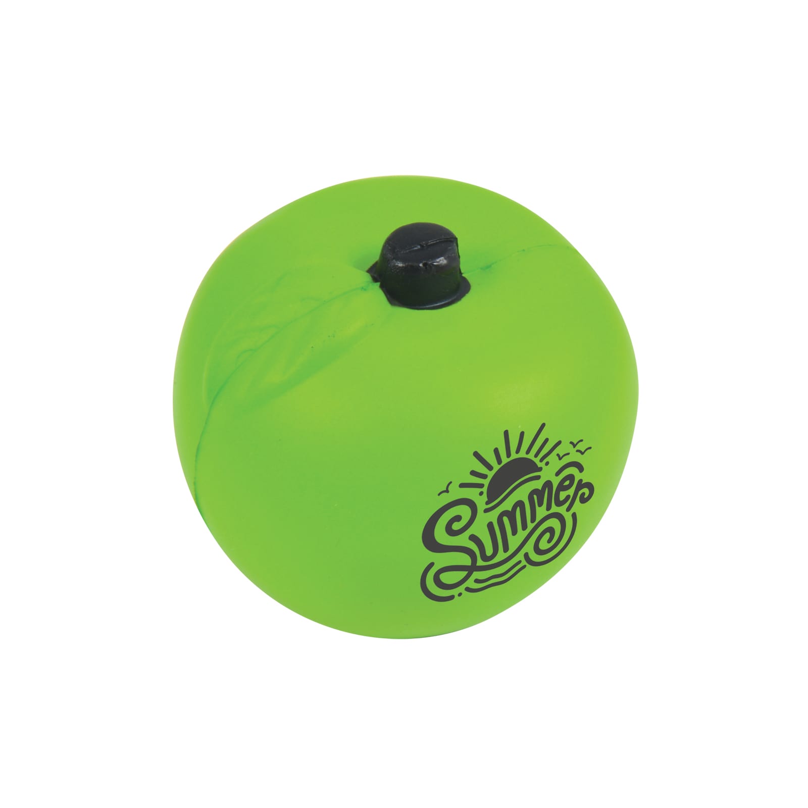 A bright green apple-shaped stress reliever with a printed design featuring a sun and wave motif. Apple Stress Reliever - Image 1