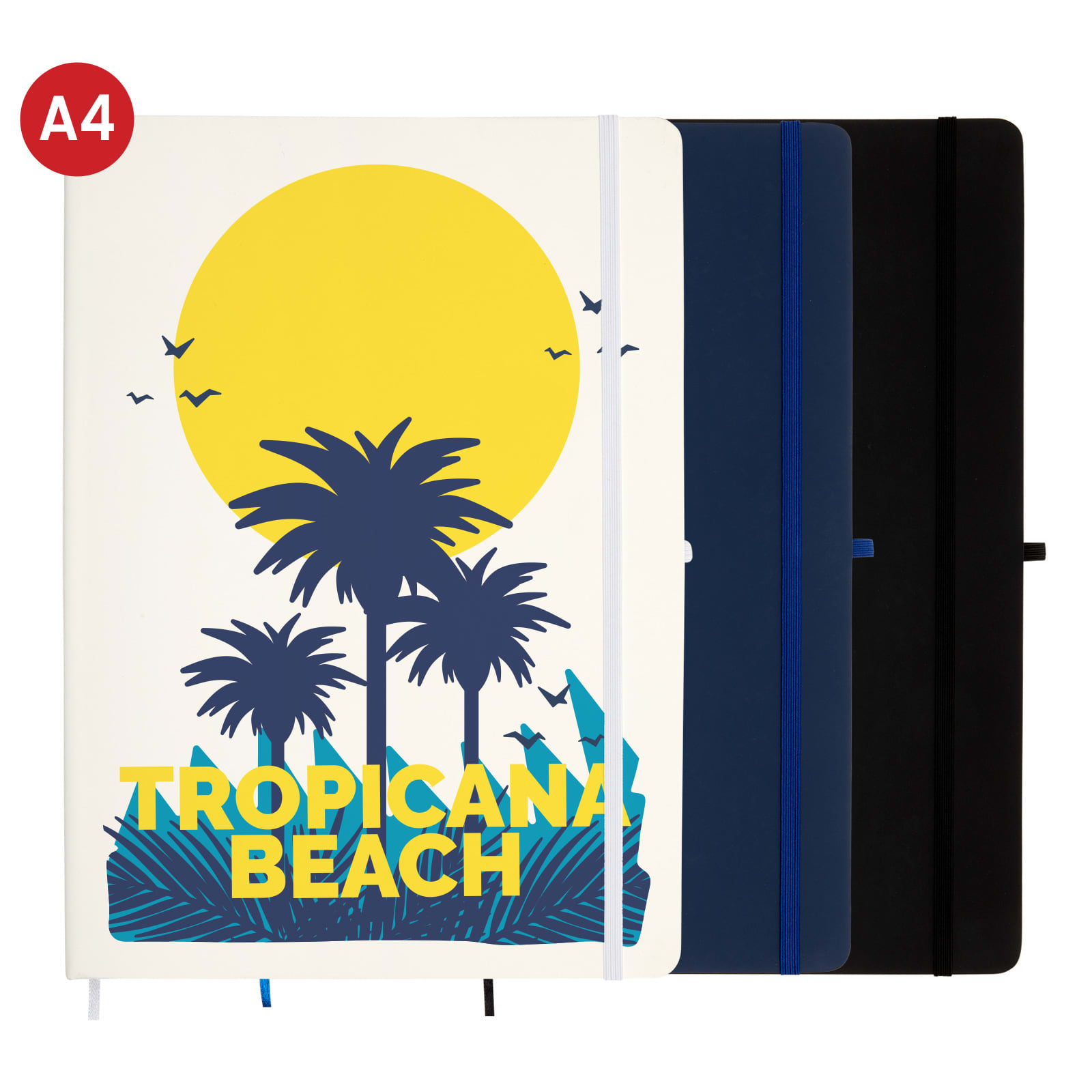 A set of A4 notebooks in white, blue, and black, featuring a tropical beach design on the white cover. Capella A4 Notebook - Image 1