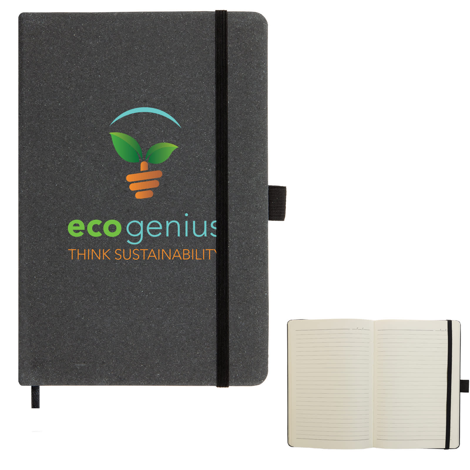 A grey recycled leather notebook with an elastic band and a logo, featuring blank lined pages inside. Astro Hard Cover Recycled Leather Notebook - Image 1