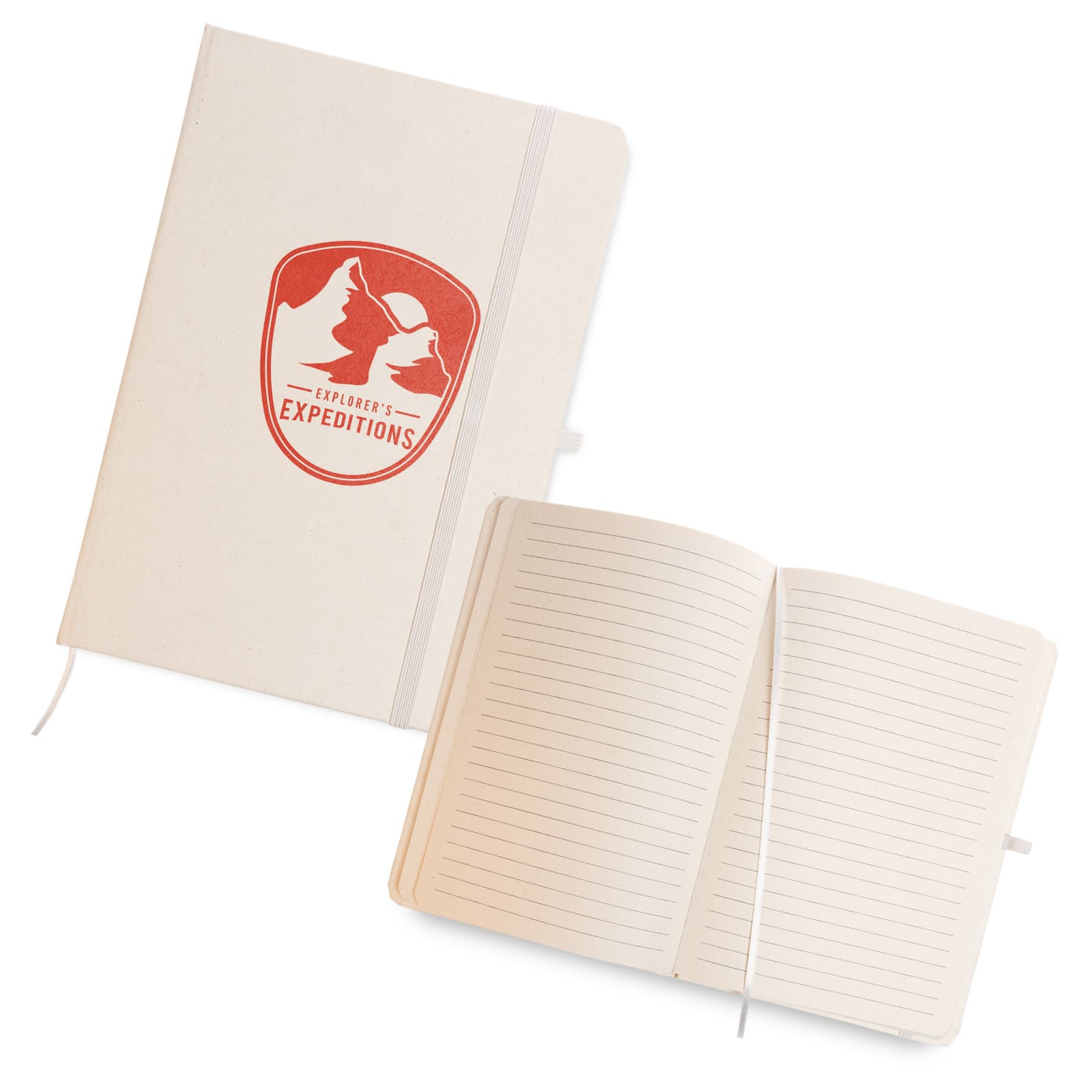 A light-colored A5 notebook with a logo on the cover and lined pages inside. It features an elastic closure. Venture Snowy A5 Notebook - Image 1
