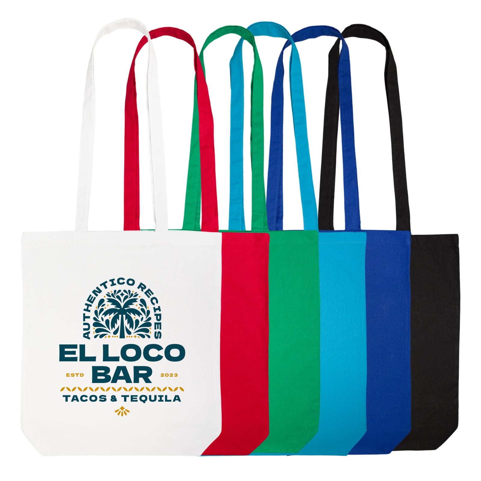 A collection of coloured cotton long handle bags in white, red, green, blue, and black, featuring a logo on one bag. Coloured Cotton Long Handle Bag - Image 1