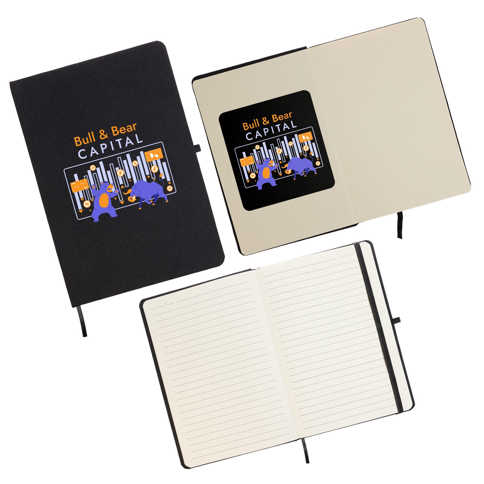 A black notebook featuring an illustration on the cover and lined pages inside. It has a logo on the front. Venture RPET A5 Notebook - Image 1
