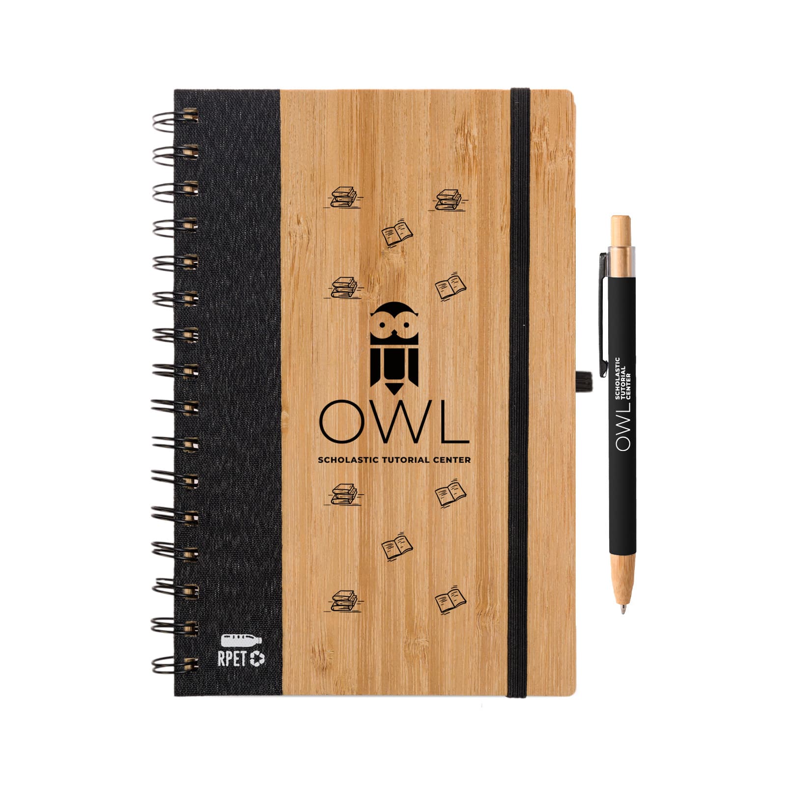 A wooden notebook with a spiral binding and a black pen, featuring a logo on the cover. Pacifica Notebook & Serenity Pen Set - Image 1