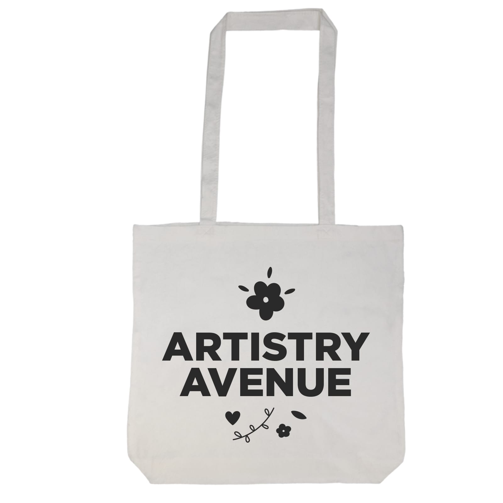 A tote bag with a long handle featuring the text "ARTISTRY AVENUE" and decorative floral elements. Long Handle Bamboo Bag - Image 1